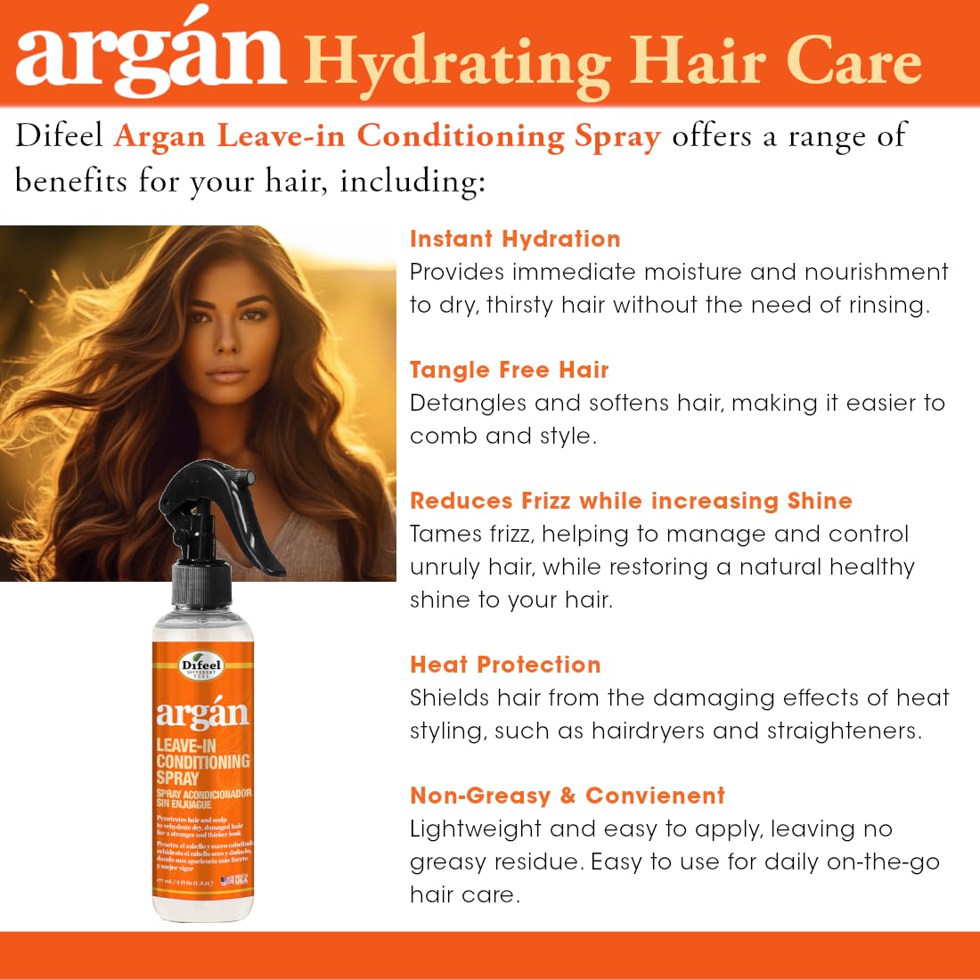 Difeel Argan Oil Leave In Conditioner Hair for Dry Frizzy Hair Deep Hydration - Thumbnail 3