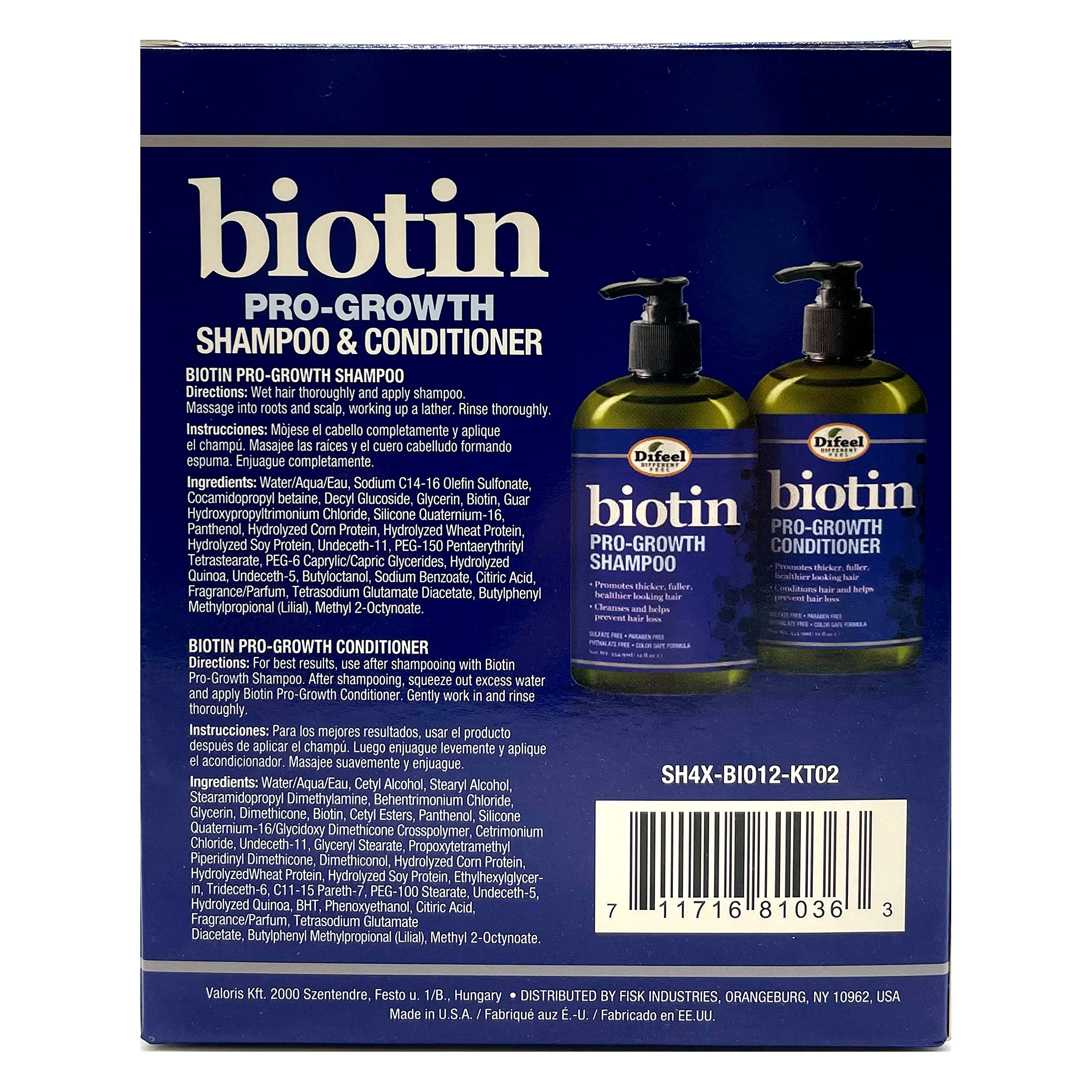 Difeel Pro Growth Biotin Shampoo Conditioner 2 Pc Thinning Hair Hair Loss (Set)
