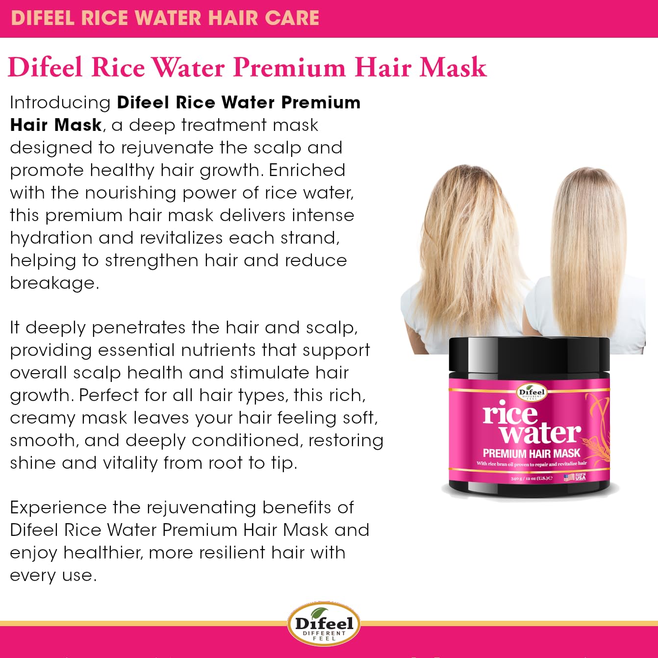 Difeel Rice Water Hair Mask . Deep Repair Mask for Dry Damaged Hair 12 oz - Thumbnail 3