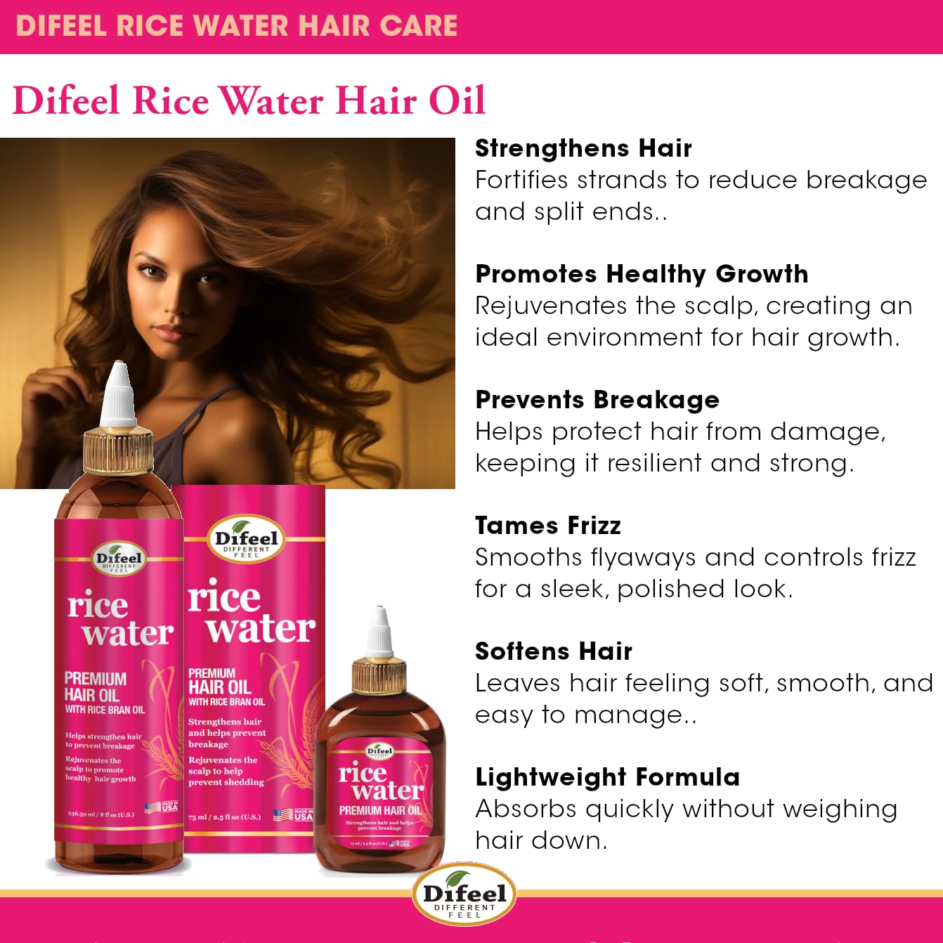 Difeel Rice Water Hair Oil . Strengthening Rice Water Moisturizer for Hair 8 oz - Thumbnail 2