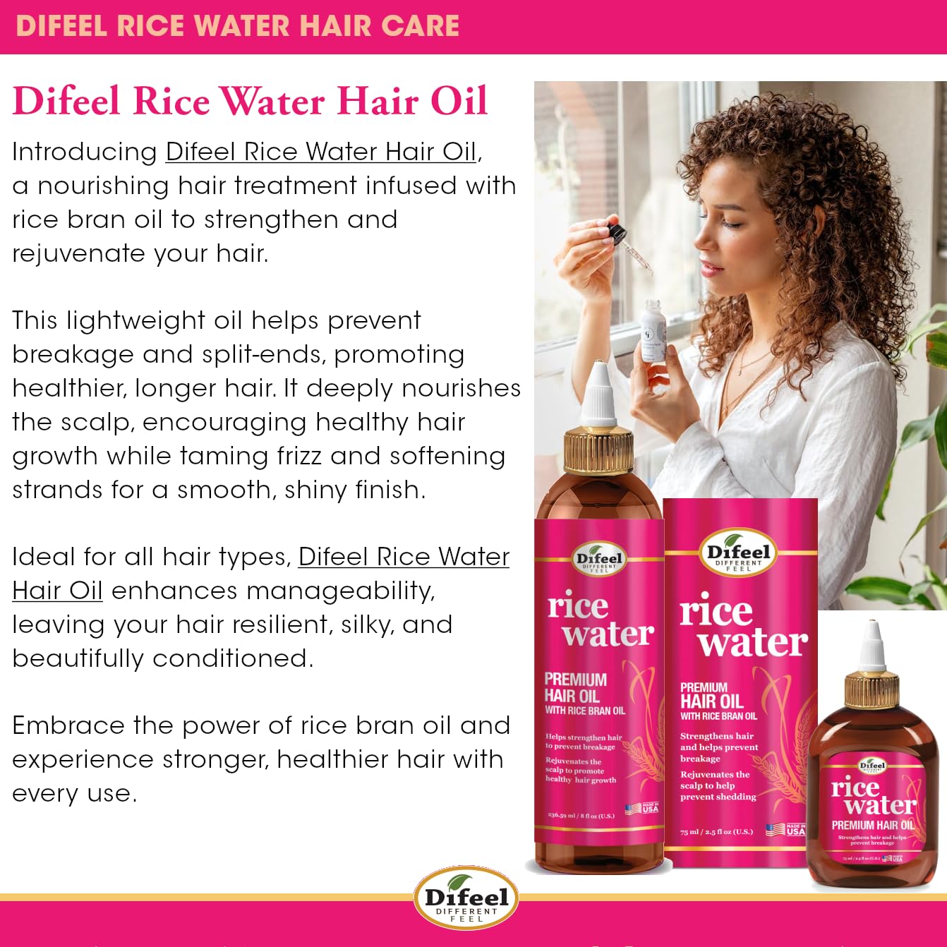 Difeel Rice Water Hair Oil . Strengthening Rice Water Moisturizer for Hair 8 oz