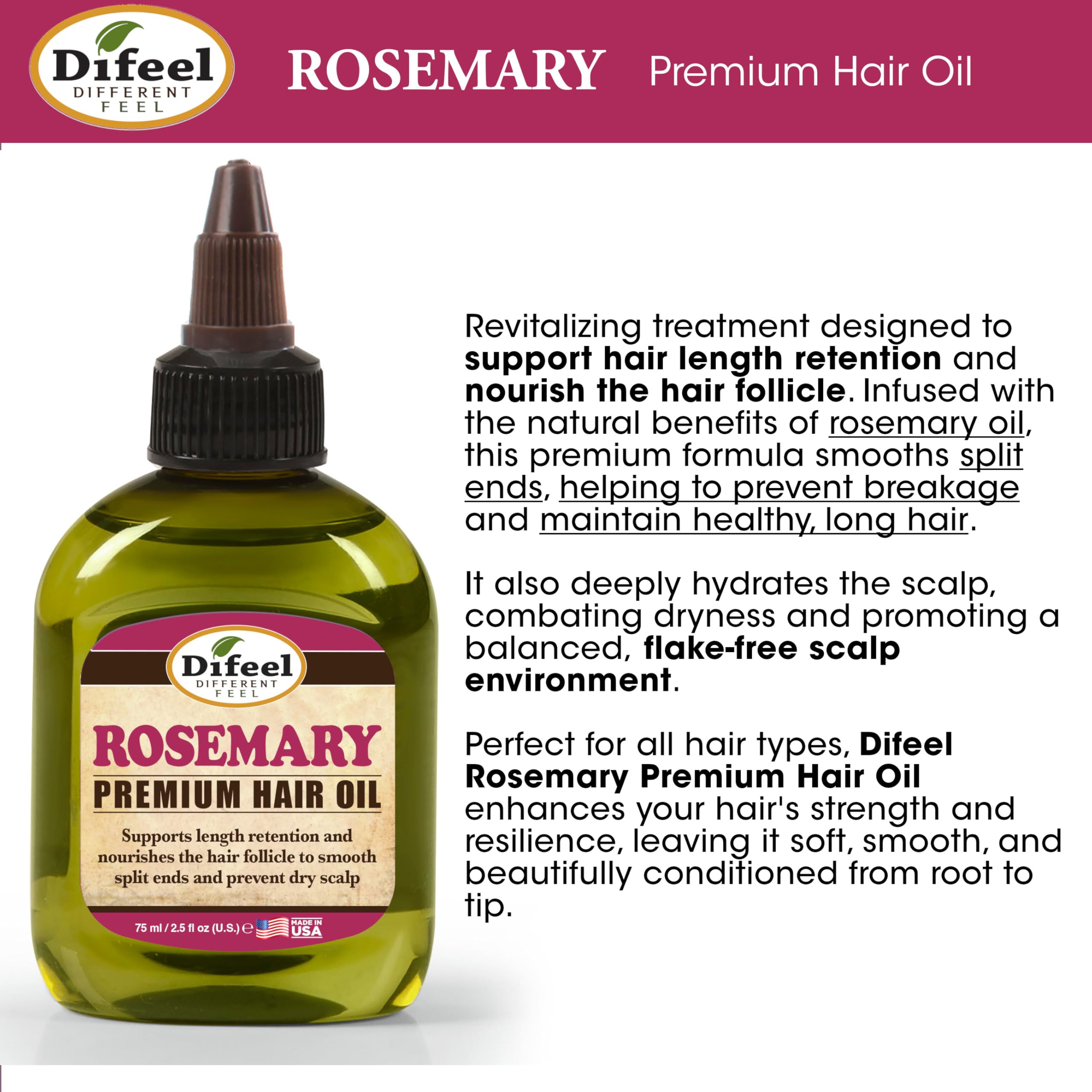 Difeel Rosemary Hair Oil . Rosemary Oil Hair Treatment 2.5 oz - Thumbnail 3