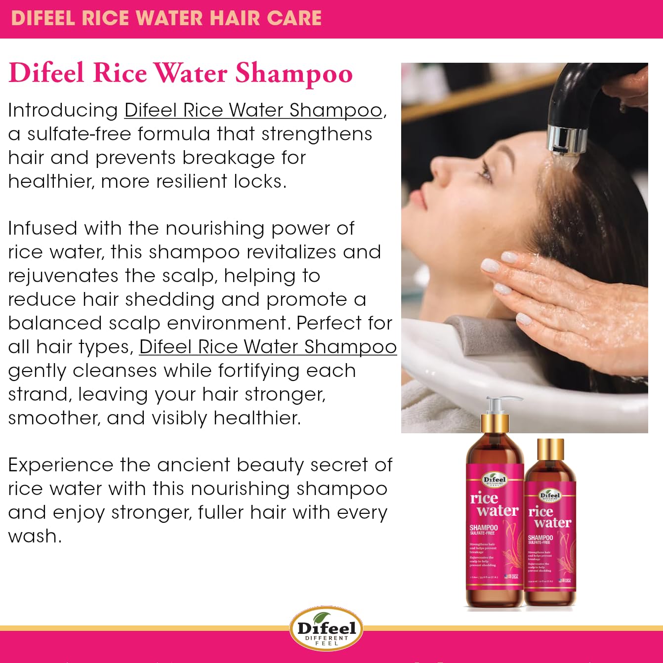 Difeel Rice Water Shampoo . Strengthening Sulfate Free Shampoo for All Hair