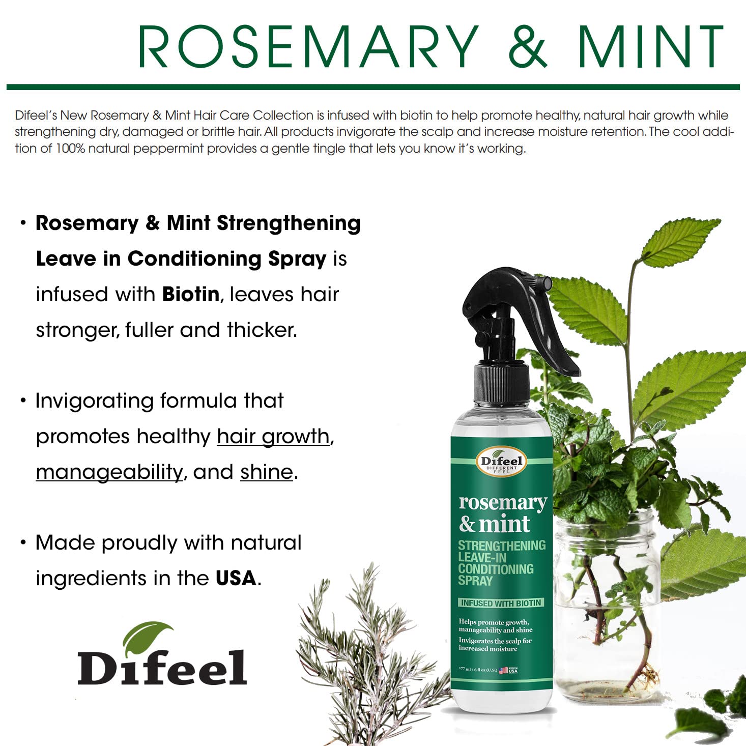 Difeel Rosemary and Mint Strengthening Leave In Conditioning With Biotin . Made - Thumbnail 3