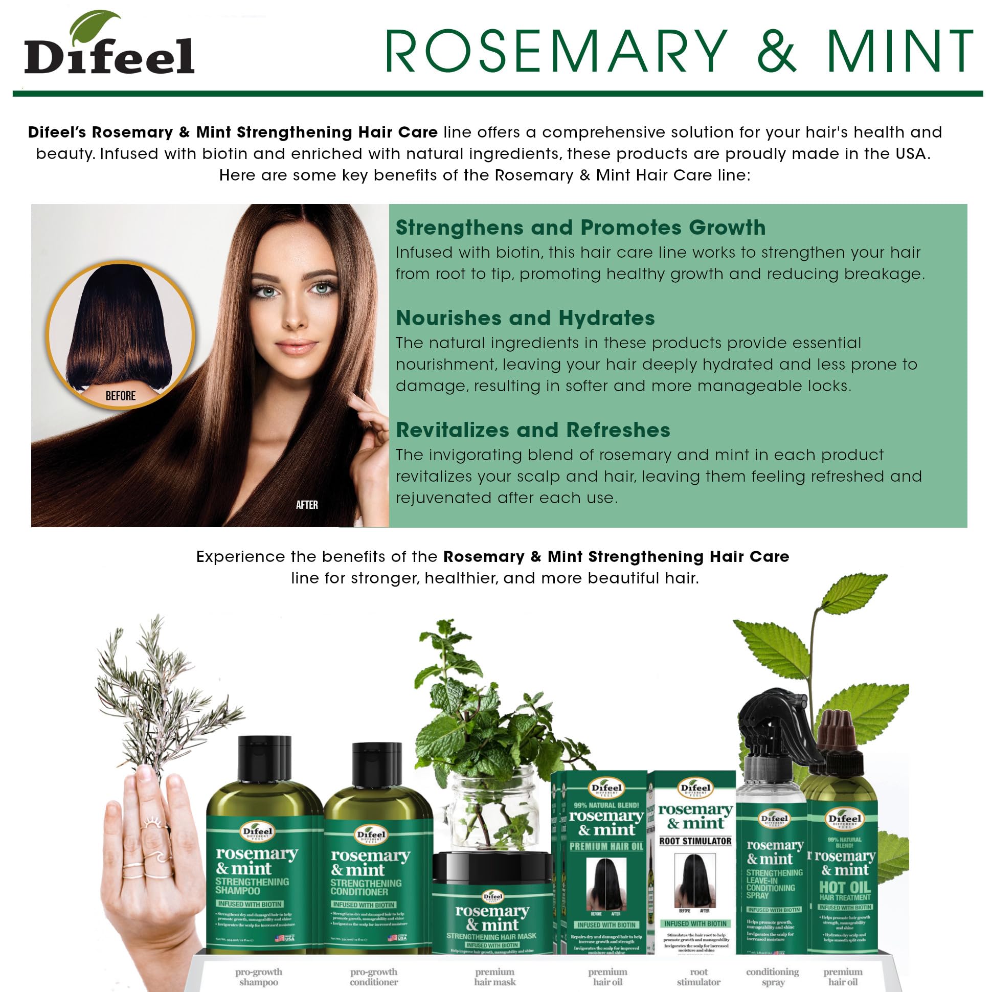 Difeel Rosemary Mint Foaming Mousse Infused With Biotin Level 6 Hold for Curls
