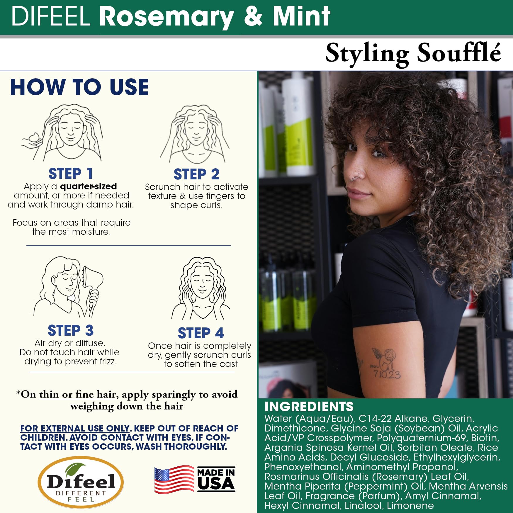 Difeel Rosemary Mint Styling Soufflé . Nourishing Curl Defining Souffle for - Thumbnail 2