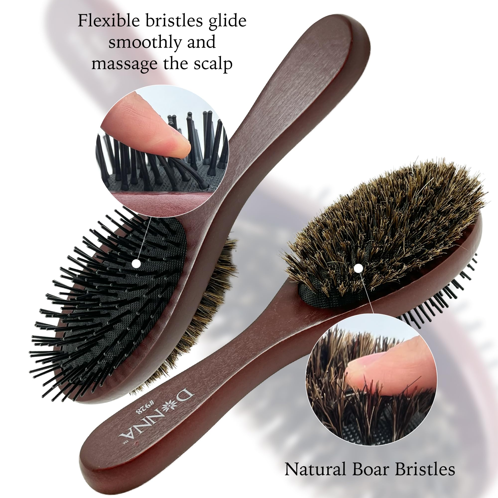 Donna Double Sided Styling Brush 100% Boar Bristles Cushioned Wooden Detangling - Thumbnail 3