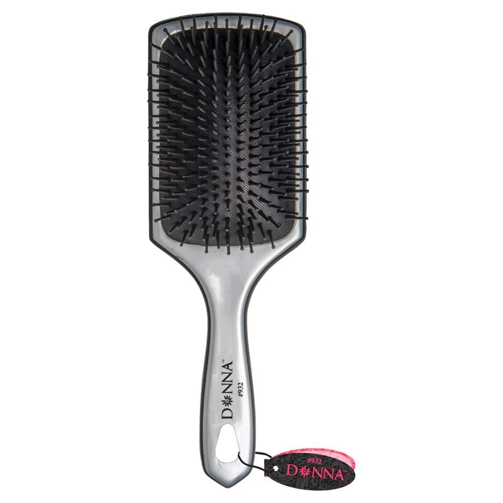 Donna Collection Large Metallic Silver Paddle Hair Brush Black