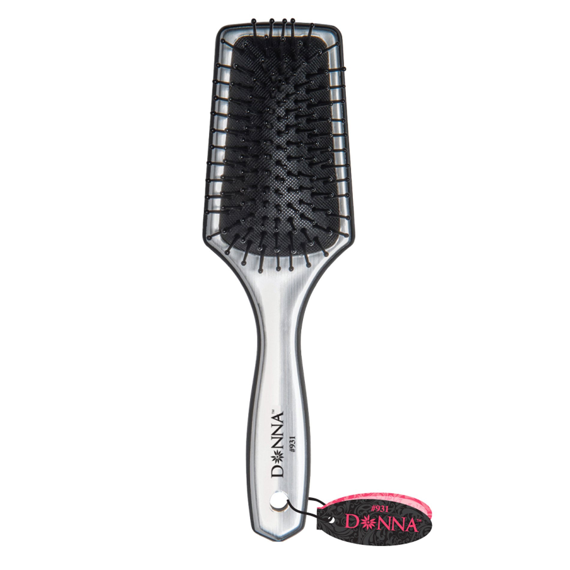 Donna Collection Small Metallic Silver Paddle Hair Brush Black