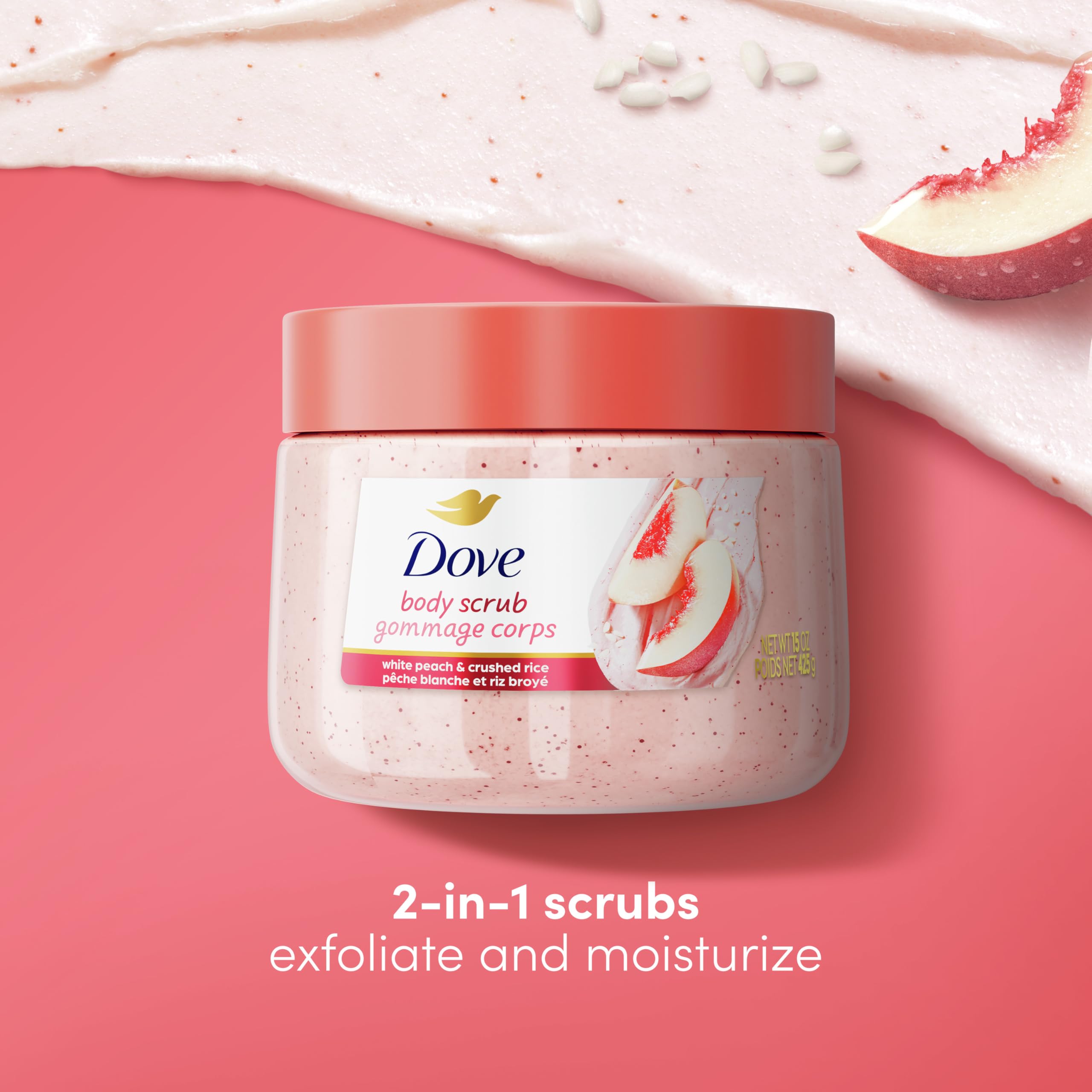 Dove White Peach Crushed Rice Body Scrub Exfoliates and Deeply Nourishes for