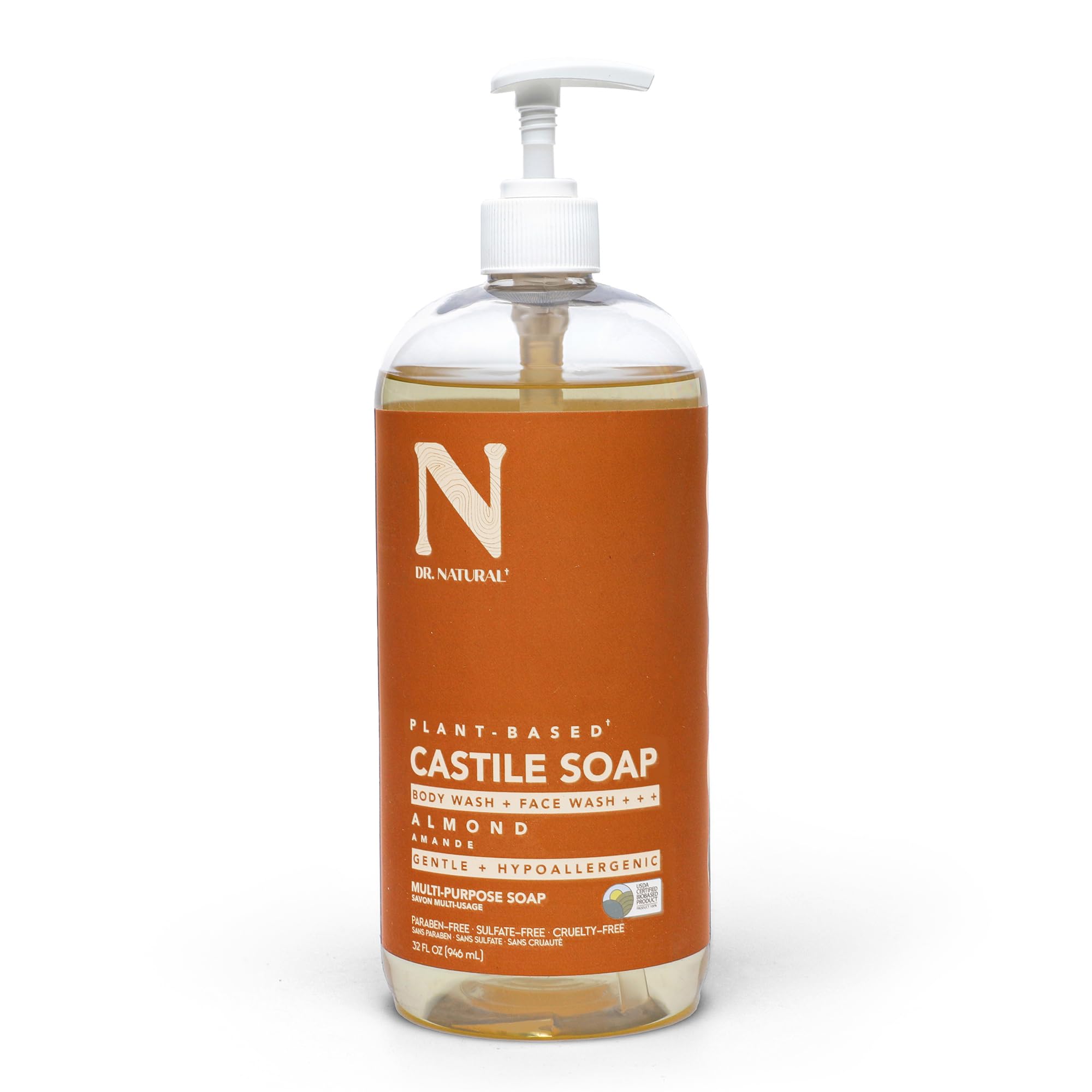 Dr. Natural Castile Liquid Soap Multi Use Body Wash Shampoo and Face Wash