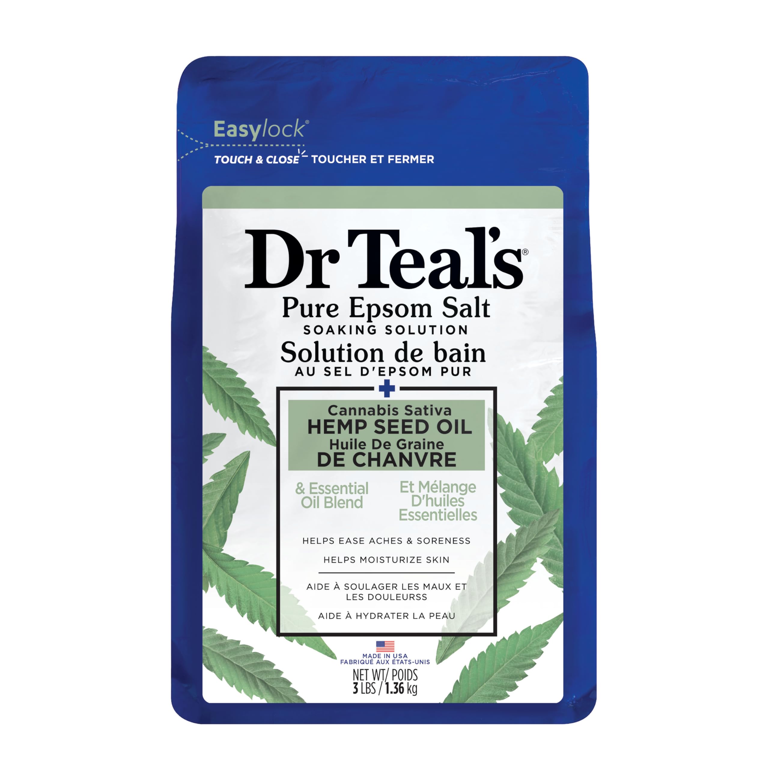 Dr Teal's Pure Epsom Magnesium Salt Soak Cannabis Sativa Hemp Seed Oil 3 Lb