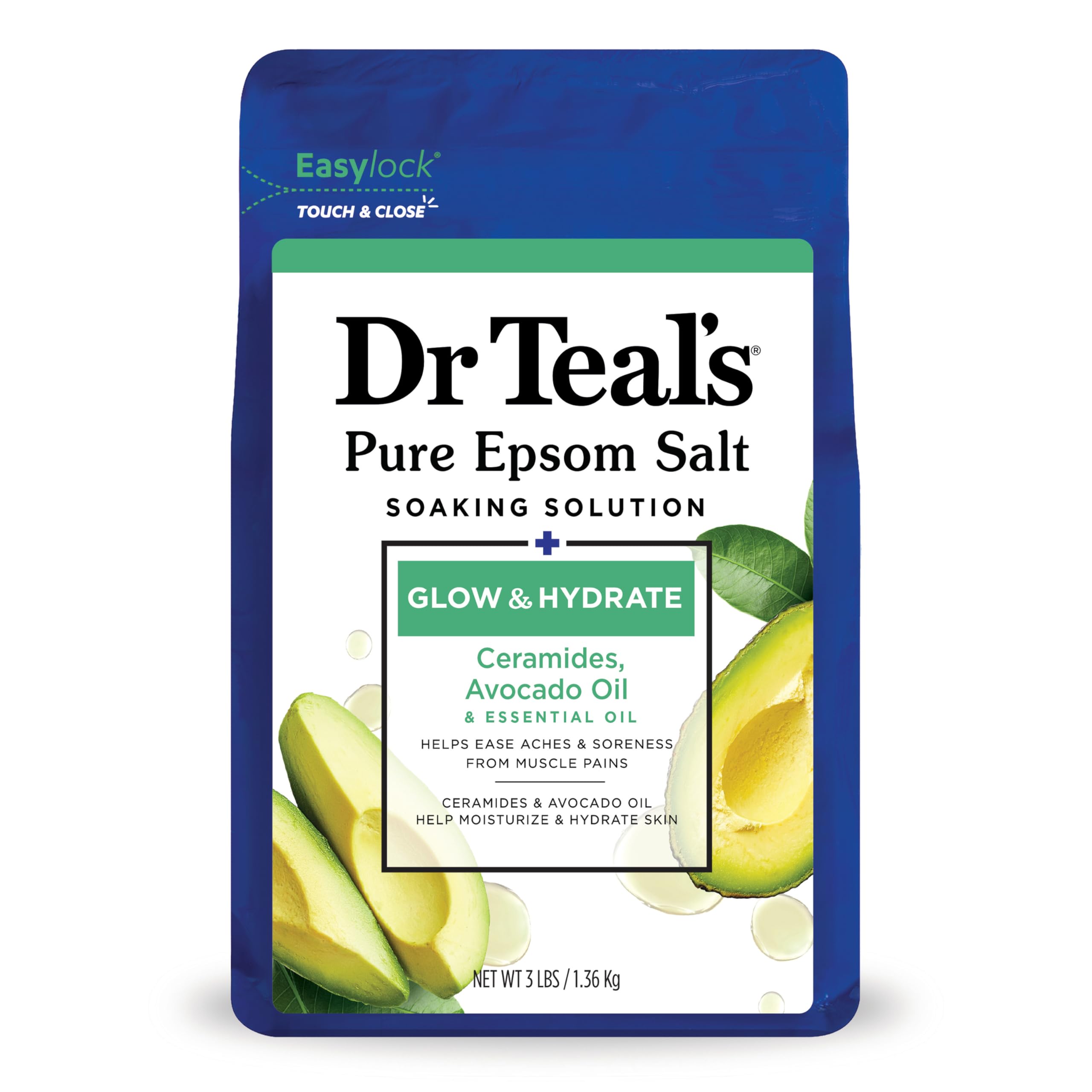 Dr Teal's Pure Epsom Magnesium Salt Soak Glow Hydrate With Ceramides Avocado