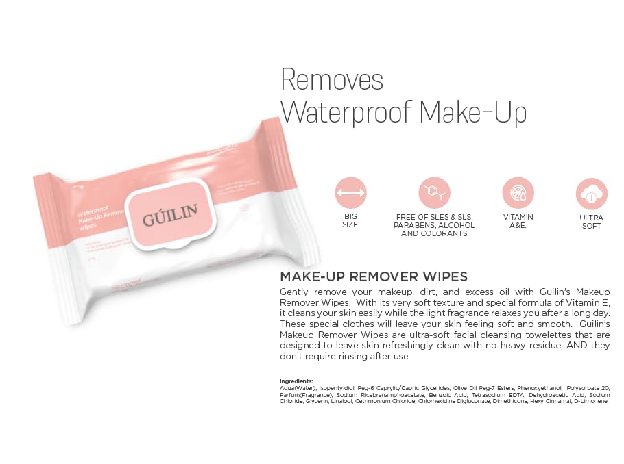 (24-pack) Guilin - Dermatology Tested Waterproof Premium Makeup Remover Wipes - Gentle Hydrating Effective Makeup Removal - Pack of 40