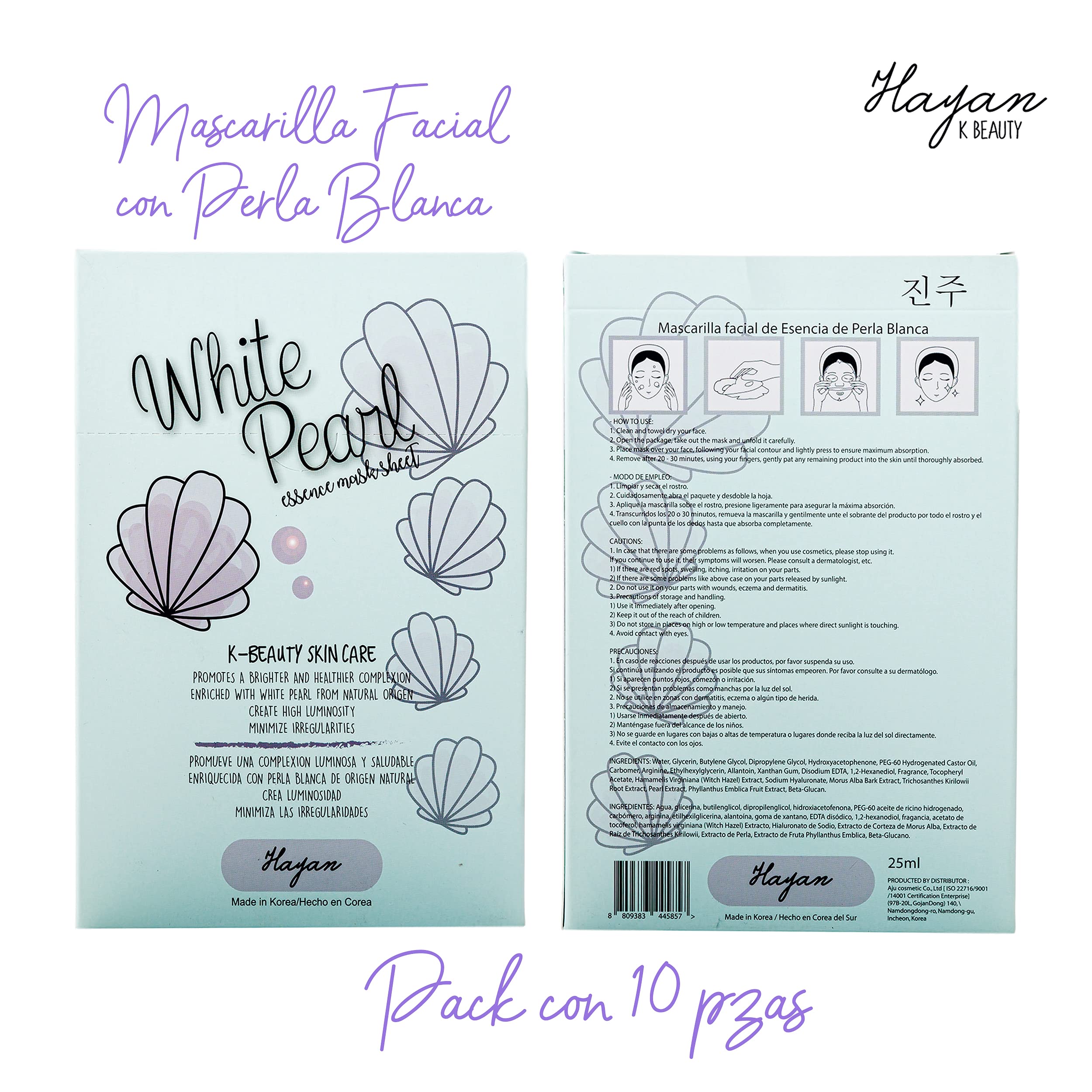 (10-pack) White Pearl Sheet Mask | Hayan K Beauty Skin Care Face Masks | Moisturizing, Soothing, Brightening, Refreshing Facial Mask - 10 Pieces - Thumbnail 2