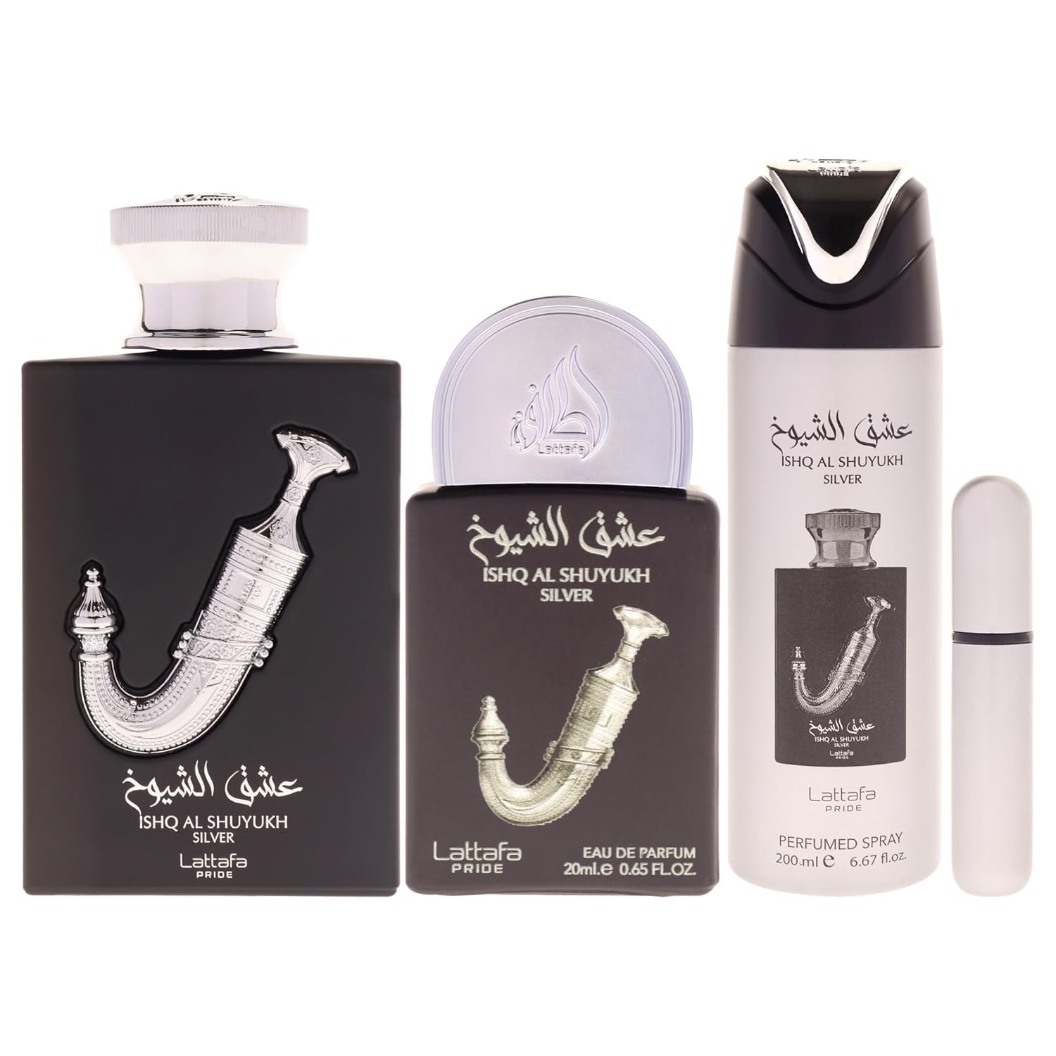 [Set] Lattafa Pride Ishq Al Shuyukh Silver 3 Pc Perfumed Body For Men EDP 3.4 oz