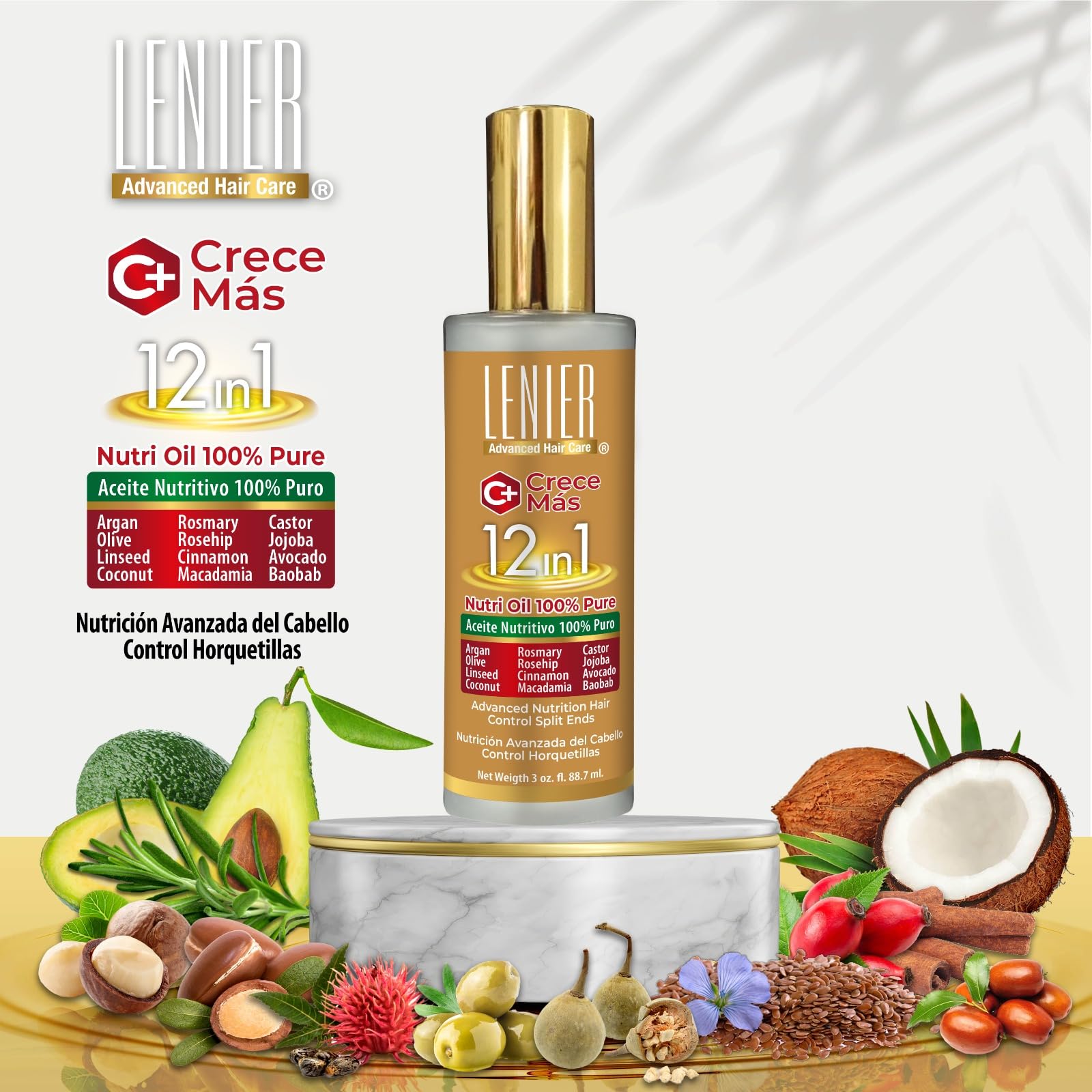 Lenier Crece Más 12 In 1 Nutritive Hair Oil With Argan Coconut Rosemary Castor - Thumbnail 2