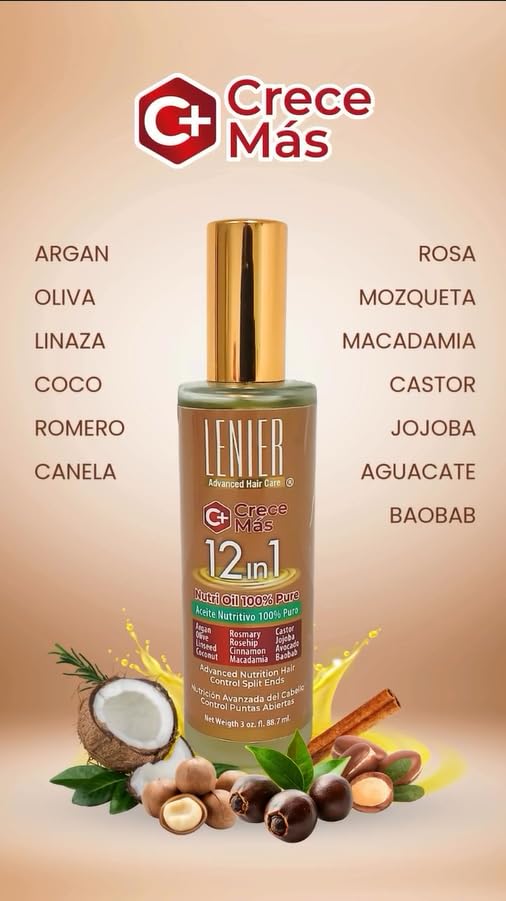 Lenier Crece Más 12 In 1 Nutritive Hair Oil With Argan Coconut Rosemary Castor - Thumbnail 3