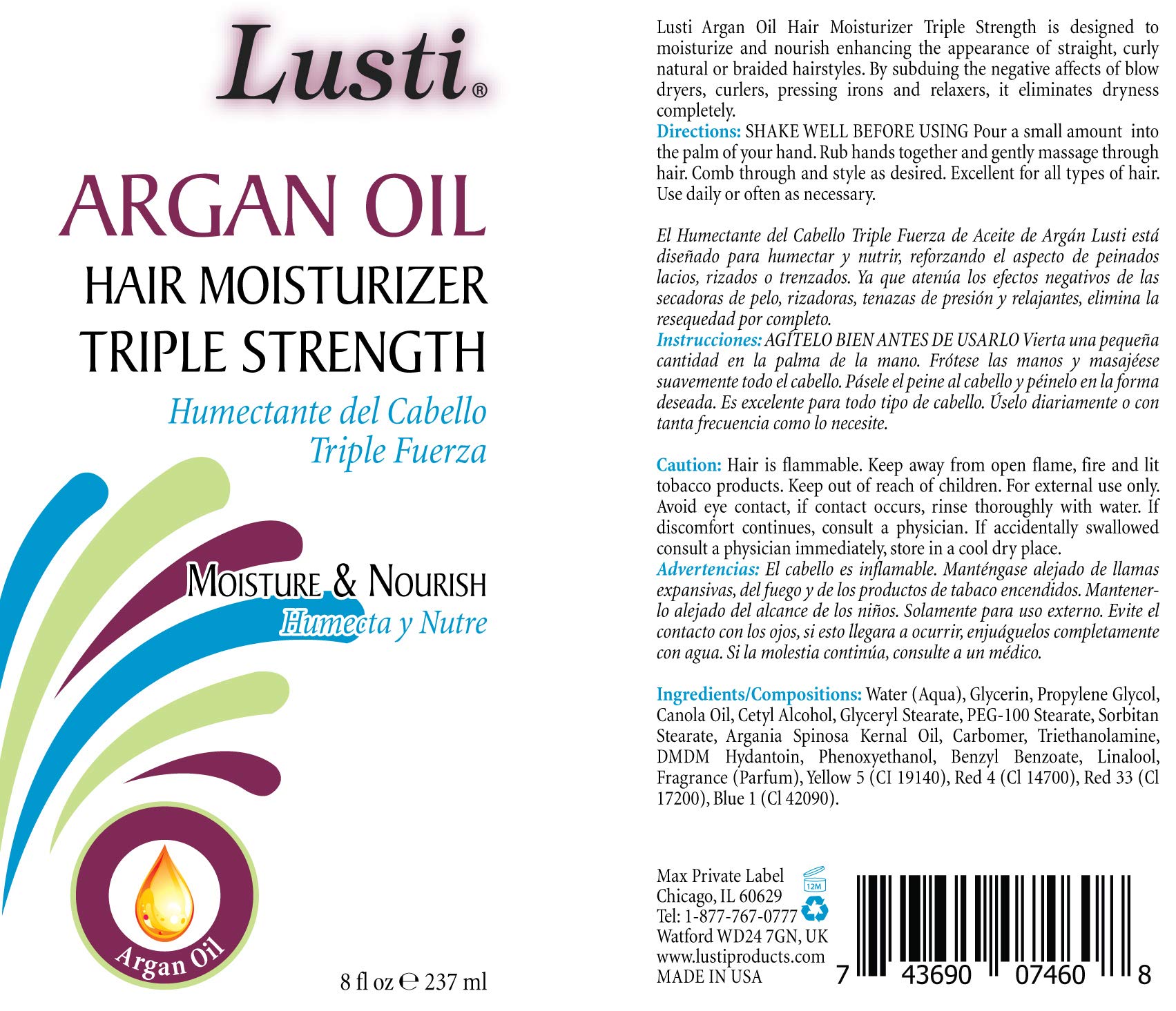 Lusti Argan Oil Hair Moisturizer Triple Strength 8 Fl Oz Moisture Nourish - Thumbnail 2