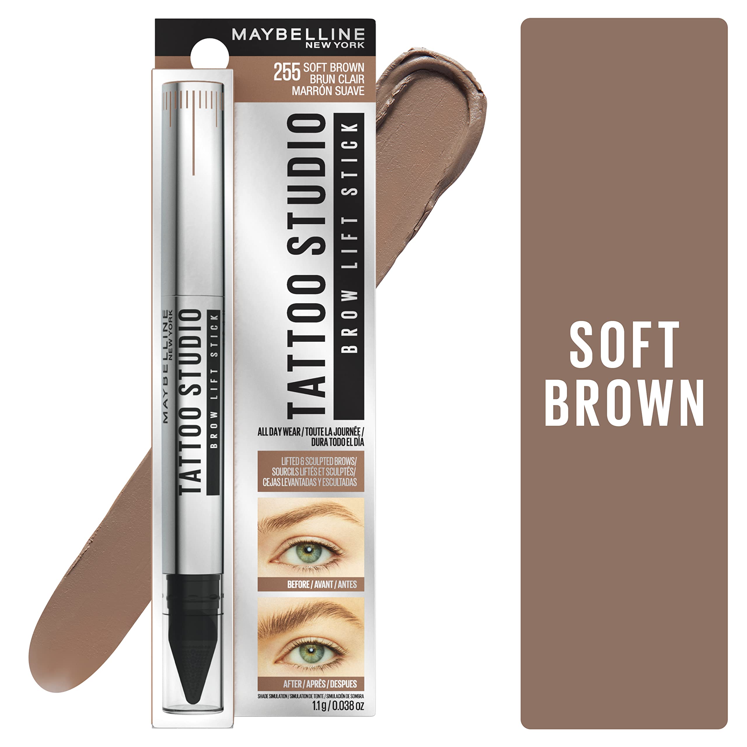 (72-pack) Maybelline Tattoo Studio Brow Lift Stick #255 Soft Brown - Thumbnail 2