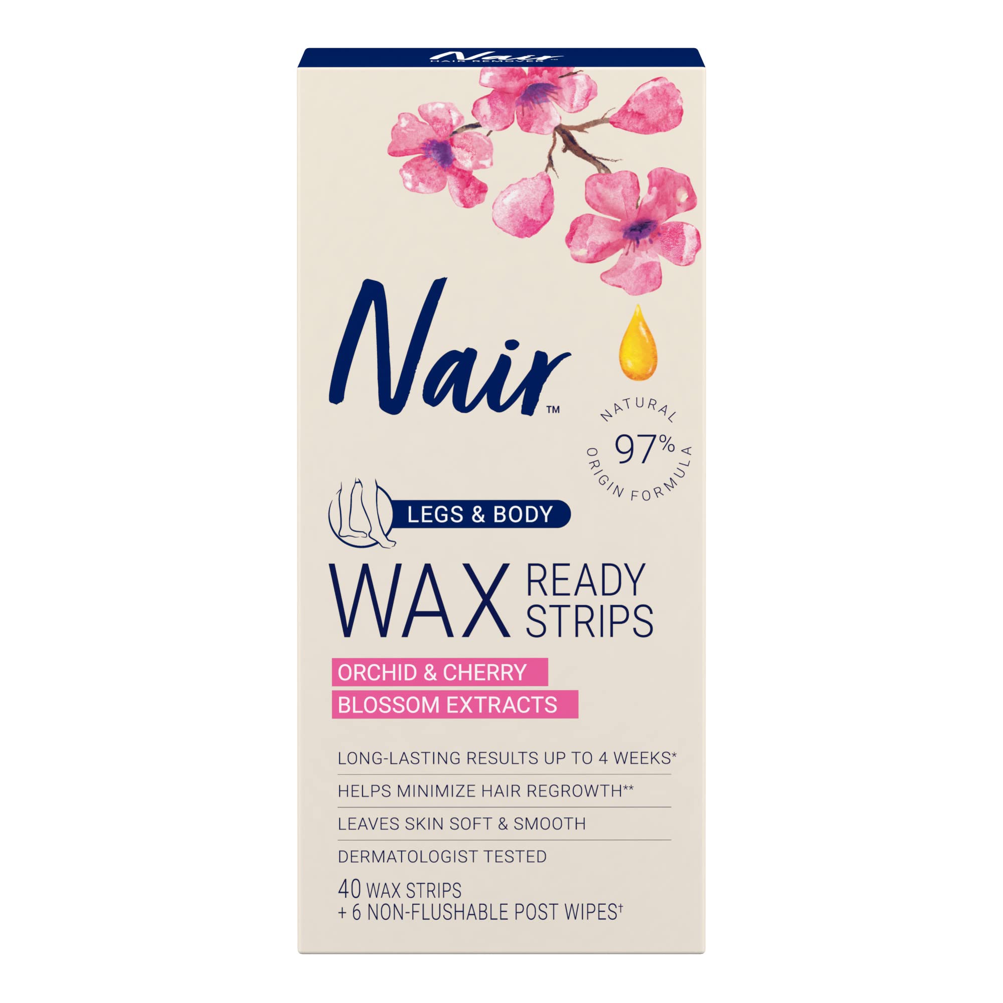 Nair Wax Ready Strips Hair Removal Wax Strips for Legs and Body 40 Count Plus 6