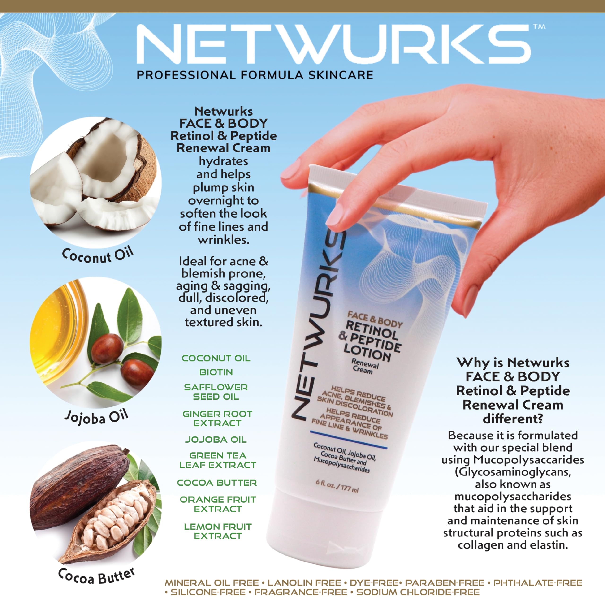 Netwurks Retinol Peptide Lotion Renewal Night Cream for Face Body To Help - Thumbnail 2