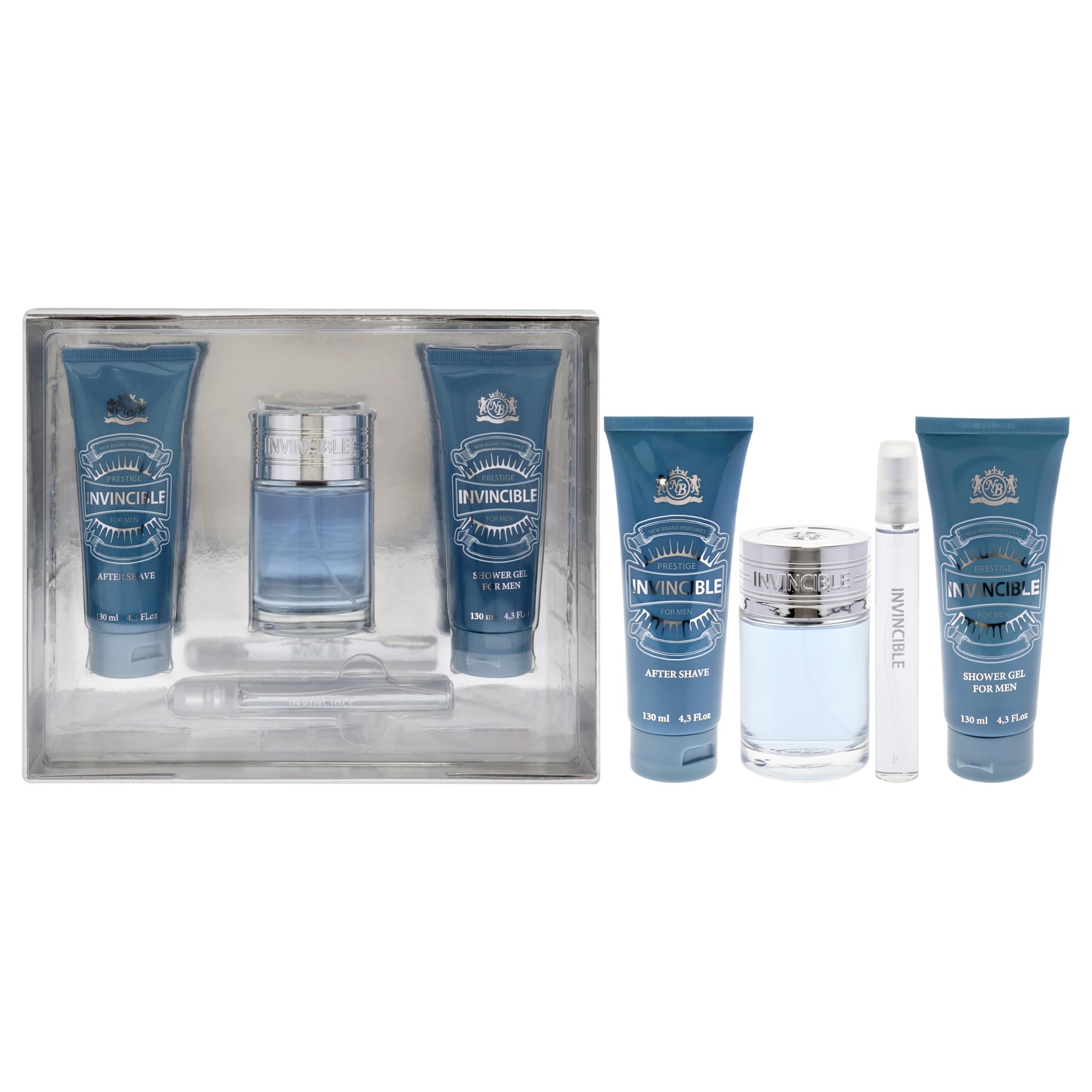 NEW BRAND INVINCIBLE(M)(W/B)4PC SET(3.3oz edt sp(LI FREE),4.3oz S/G,4.3oz A/S,15ml edt sp)