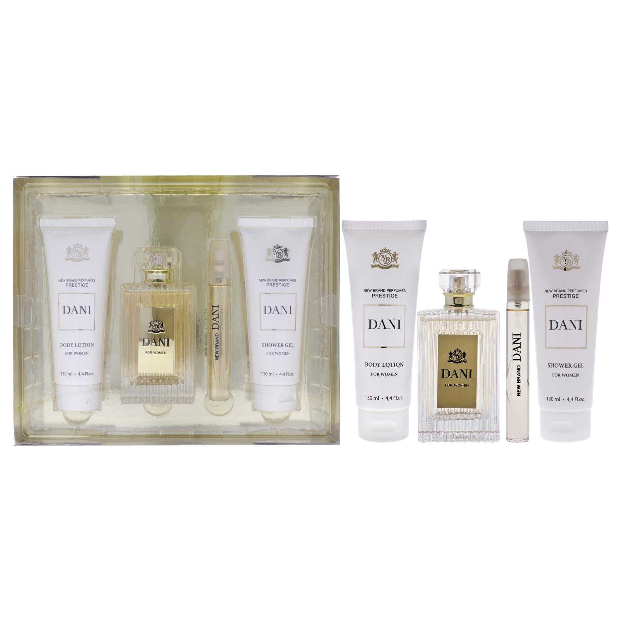 NEW BRAND PRESTIGE DANI(W)(W/B)(LI FREE)4PC SET(3.3oz edp sp,4.4oz S/G,4.4oz B/L,15ml edp sp)
