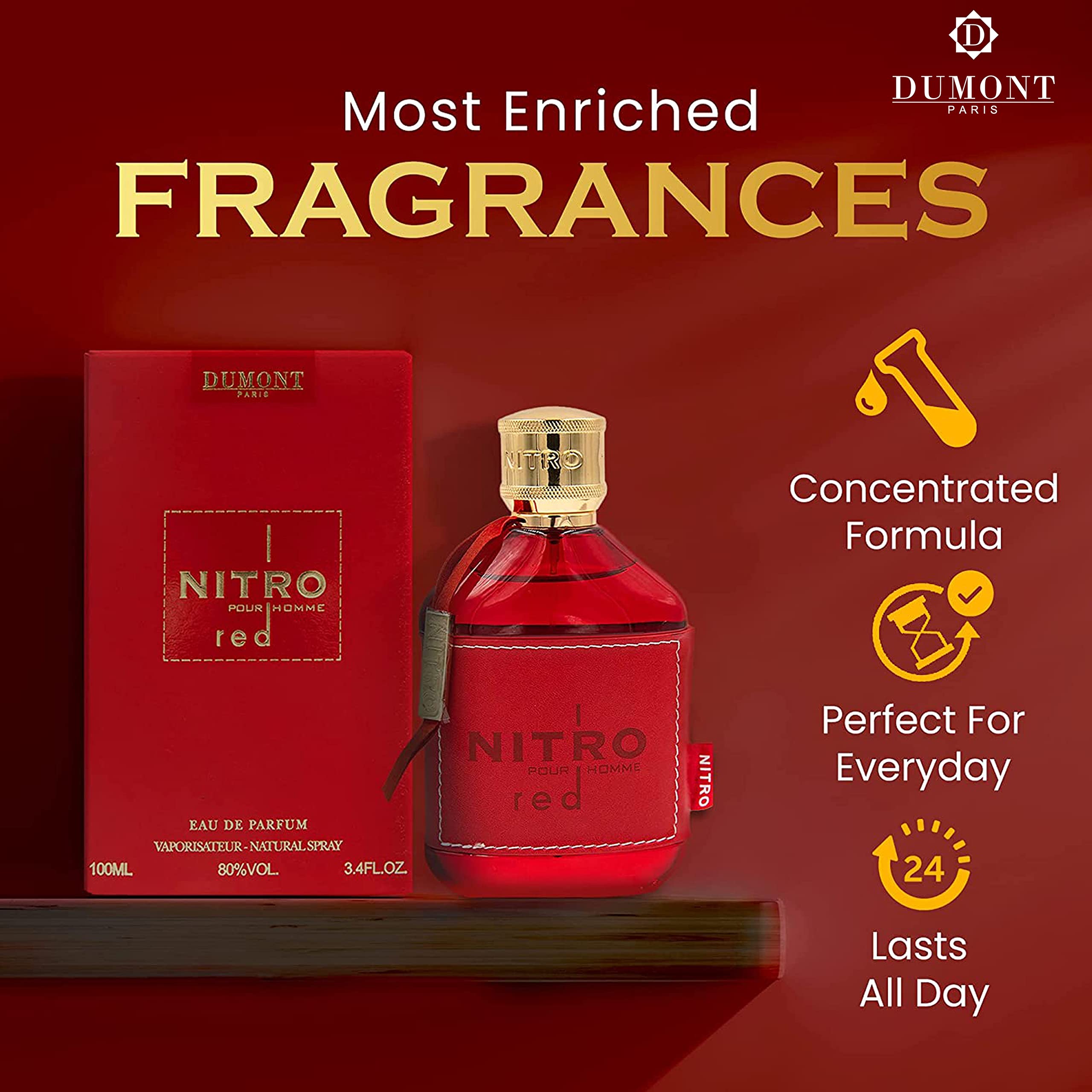 Dumont Nitro Red Luxury Fruit Woody Floral Masculine Cologne Mist Body for Him - Thumbnail 2