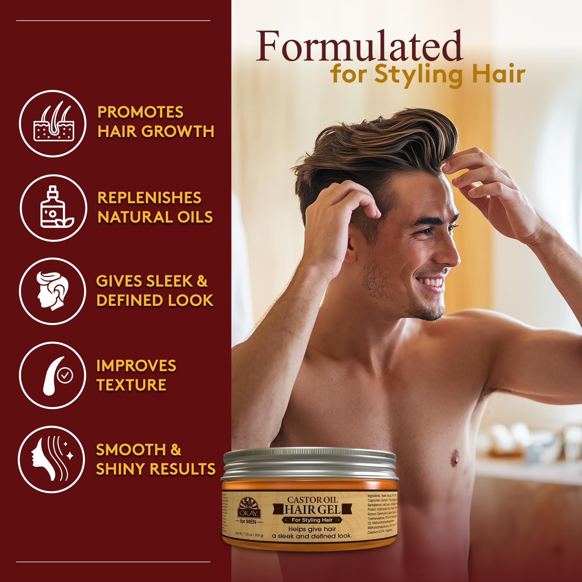 Okay Men Castor Oil Hair Gel Castor Oil Gel Strong Hold Shine Pomade for - Thumbnail 2