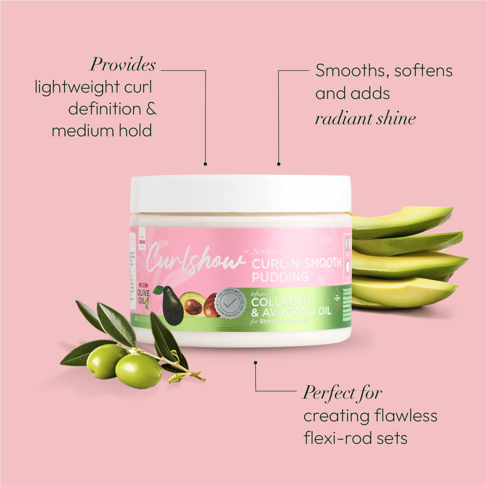 Ors Olive Oil Curlshow Curl N Smooth Pudding Infused With Collagen Avocado Oil