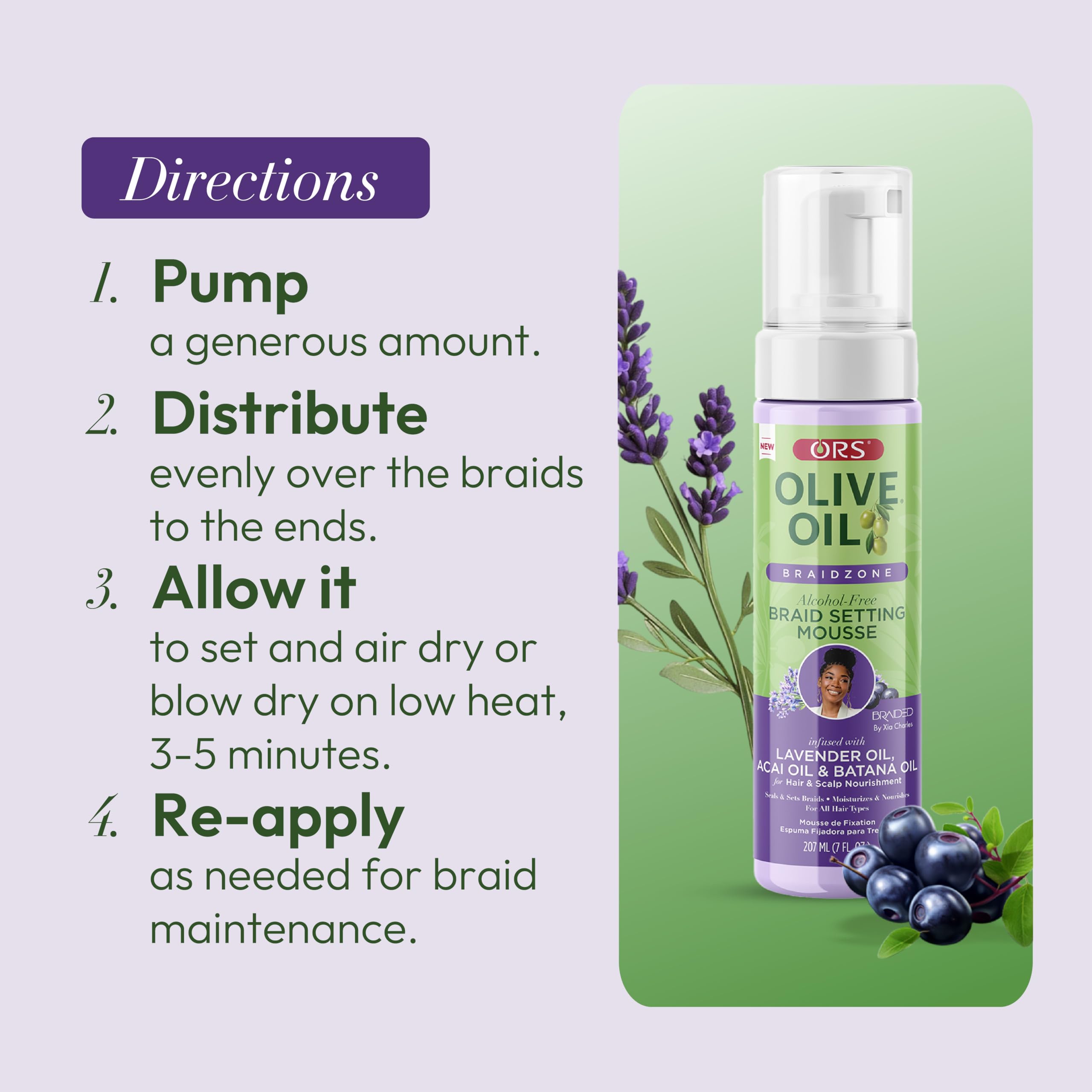 Ors Olive Oil Braidzone Braid Setting Mousse With Lavender Acai Batana Oil 7 oz (Set) - Thumbnail 2
