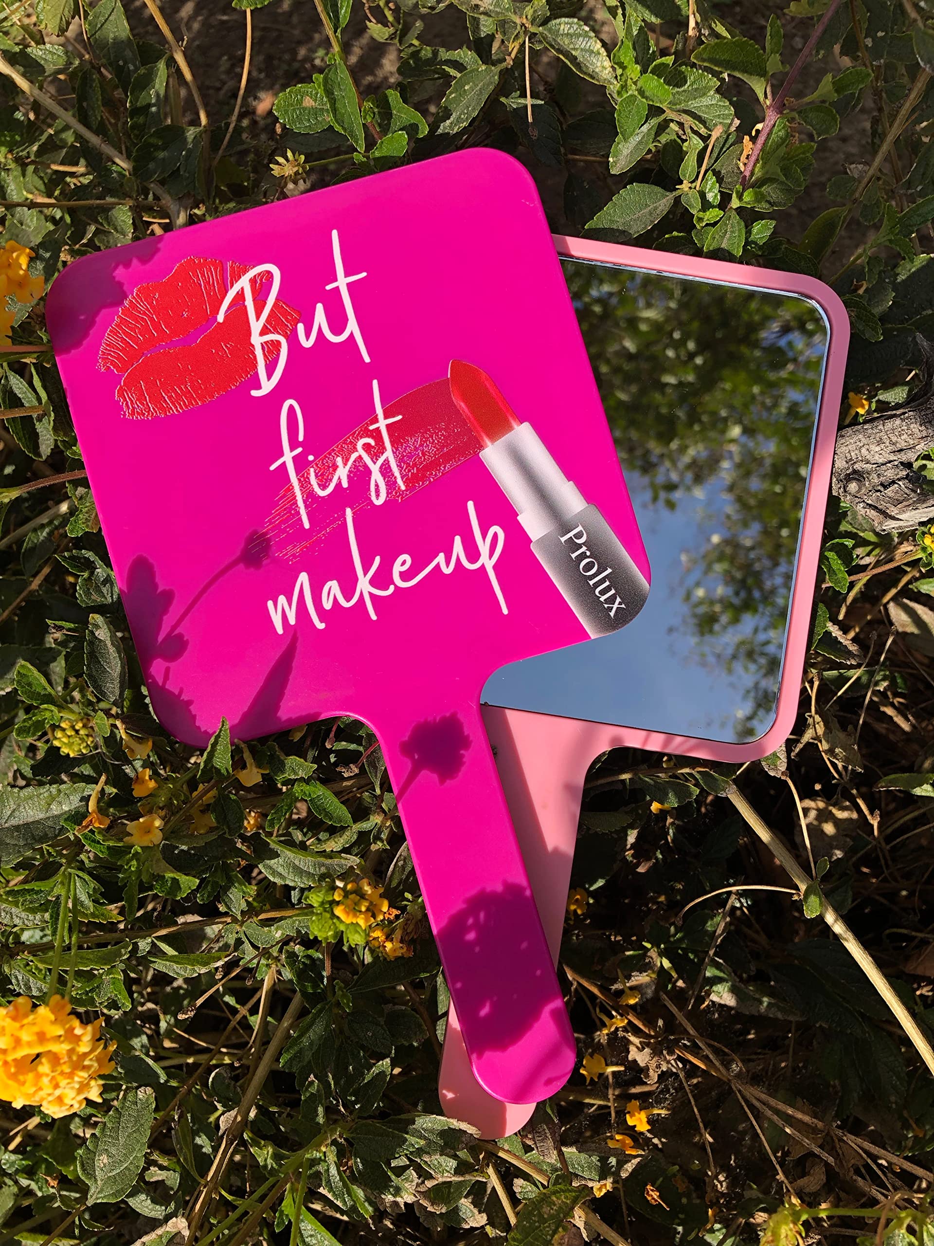(12-pack) Prolux But First Makeup Handheld Mirror, Fuchsia