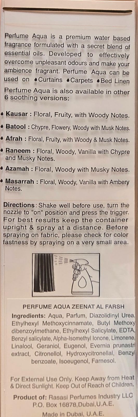 Rasasi Aqua Zeenath Al Farsh Water Based Air Freshener Floral Green Fruity