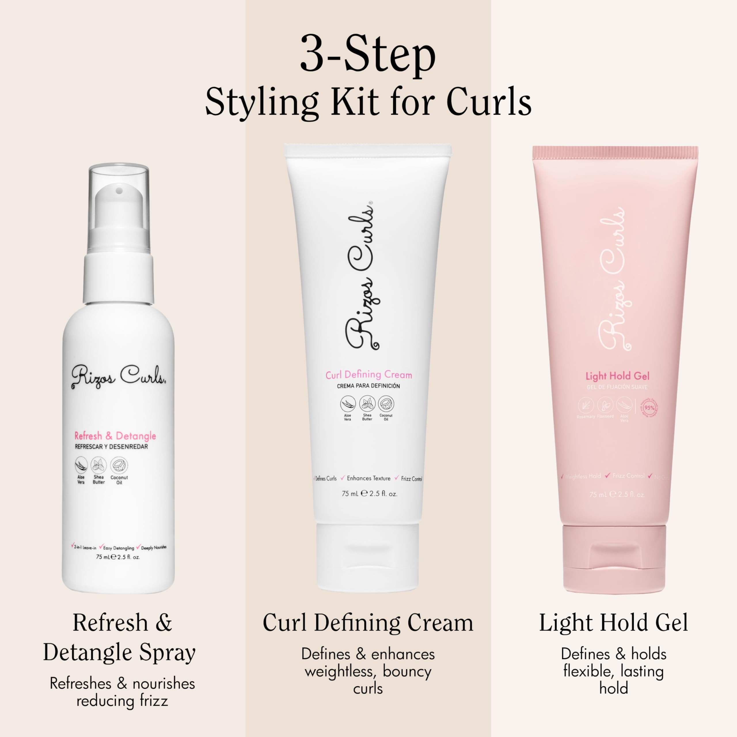 Rizos Curls 3 Step Styling Kit Define Style Hold With Curl Defining Cream Light - Thumbnail 2