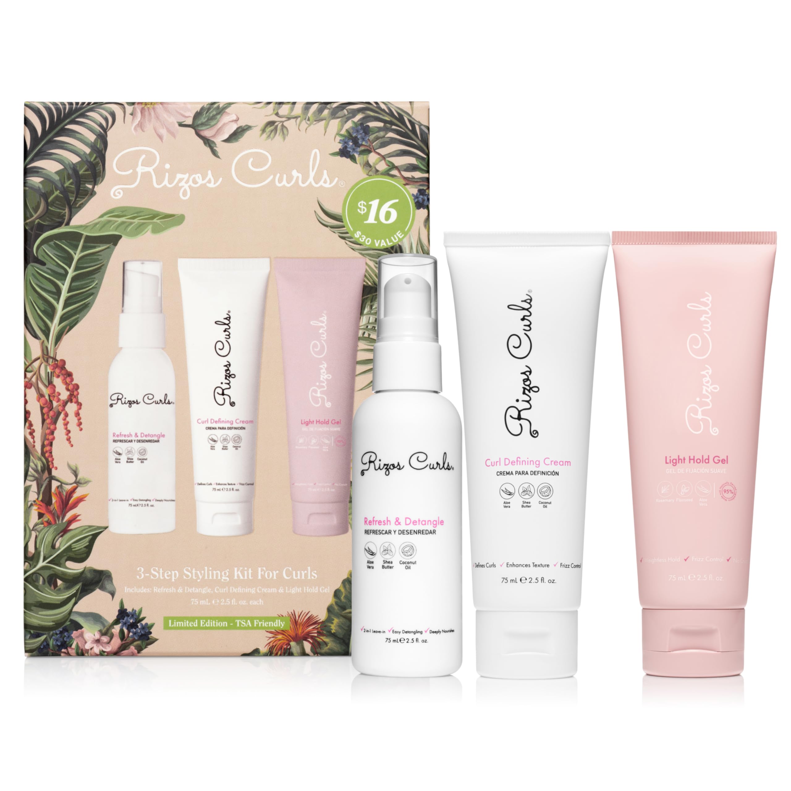 Rizos Curls 3 Step Styling Kit Define Style Hold With Curl Defining Cream Light