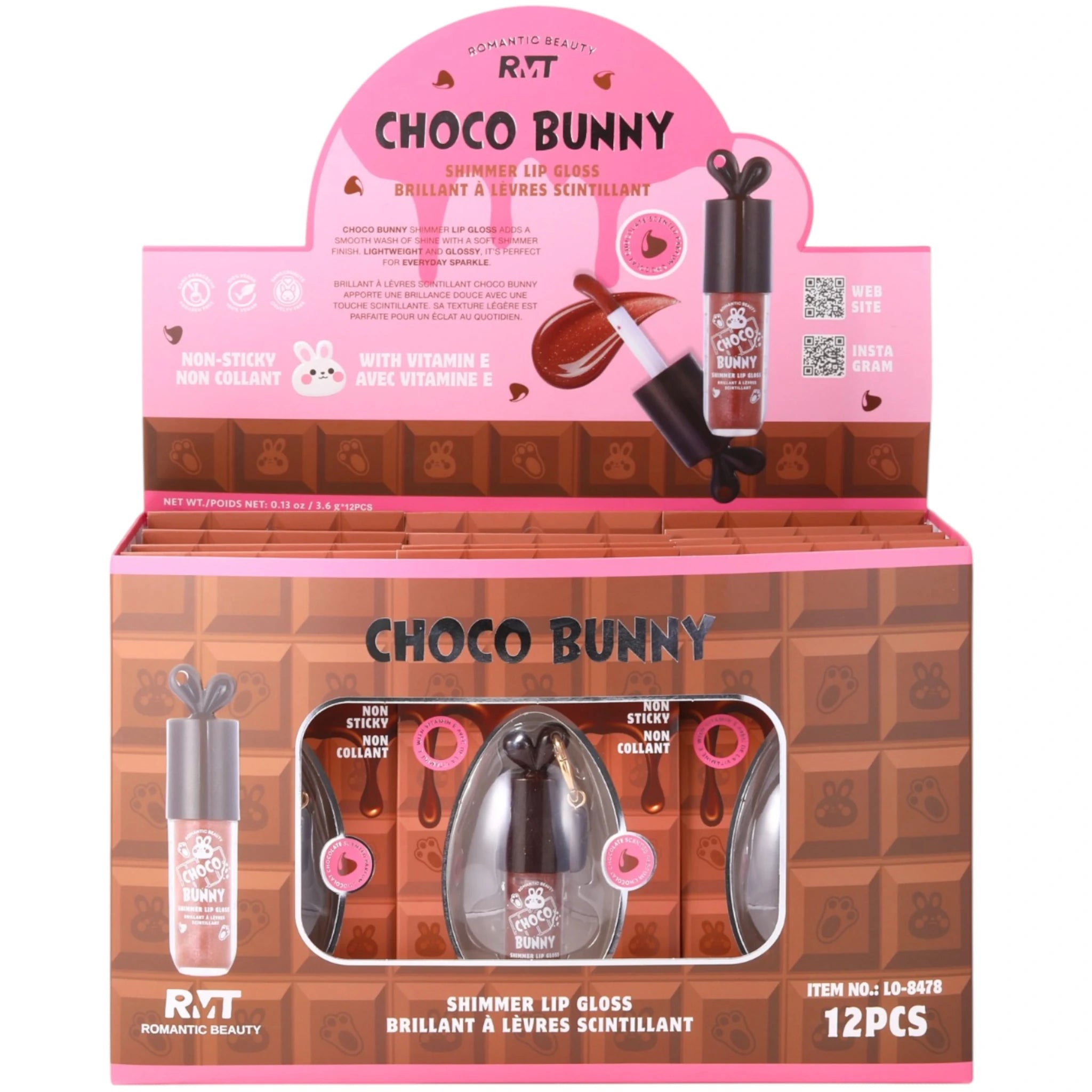 (12-pack) Romantic Beauty Choco Bunny Shimmer Lip Gloss - Image 1