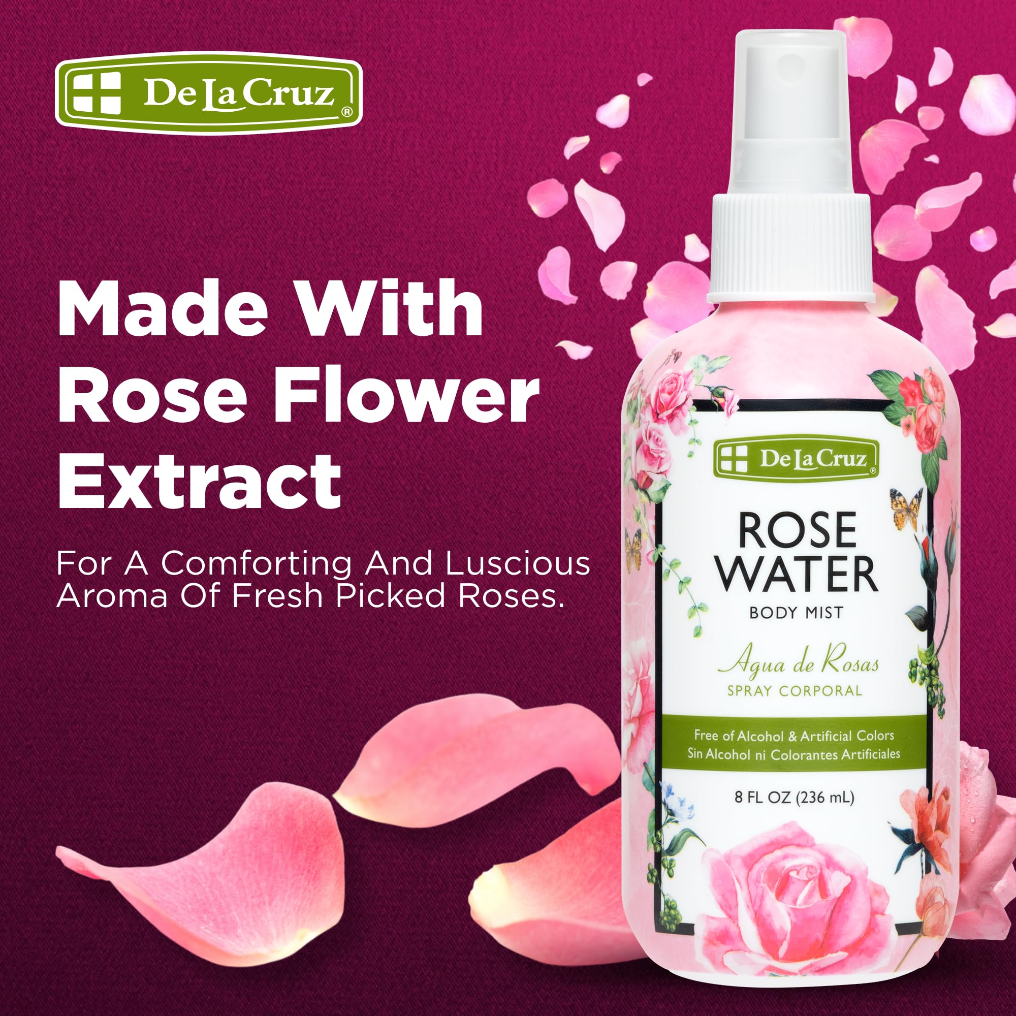 De la Cruz Pure Rose Water Body Mist Rosewater for Face Skin Hair Toner Rose - Thumbnail 2