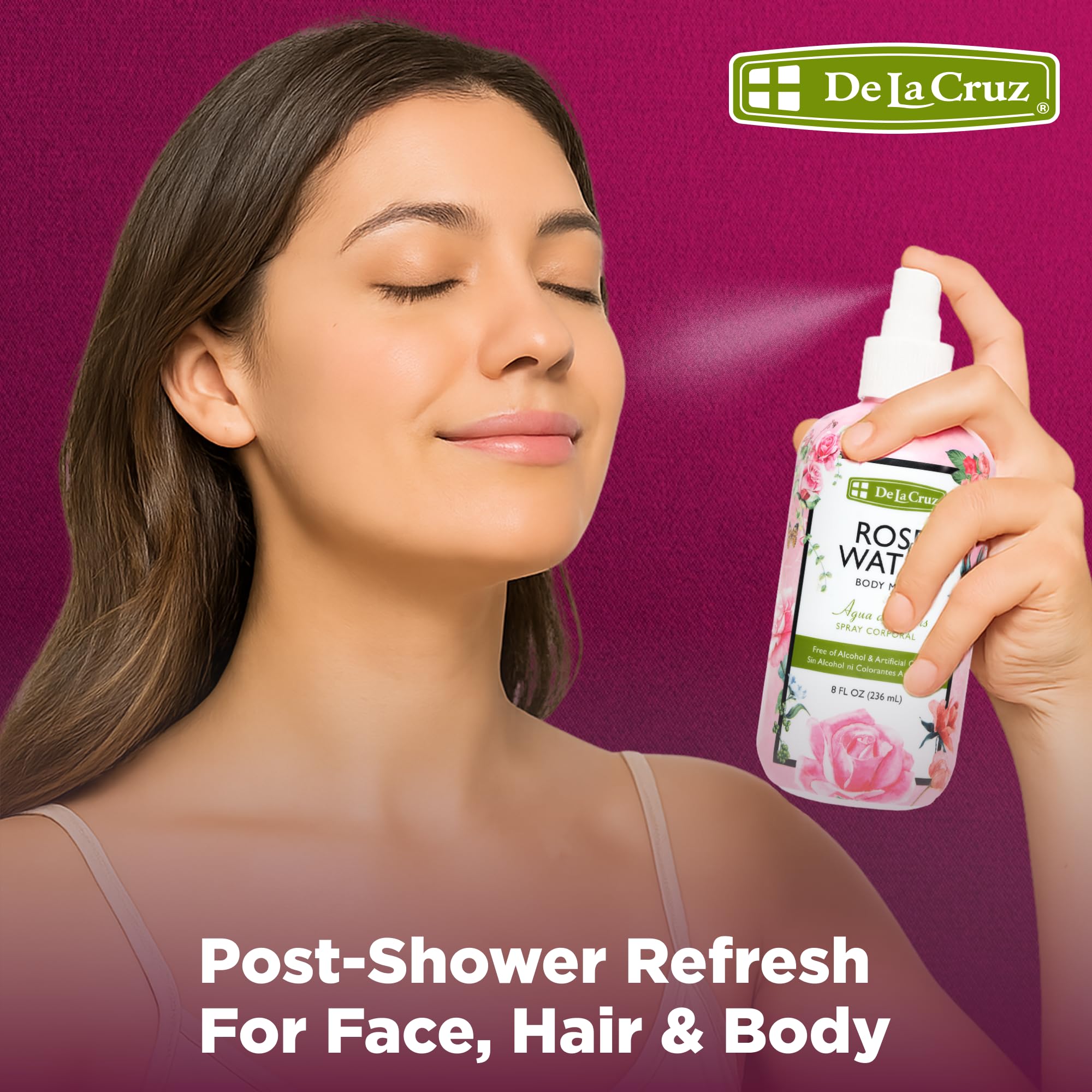 De la Cruz Pure Rose Water Body Mist Rosewater for Face Skin Hair Toner Rose - Thumbnail 3