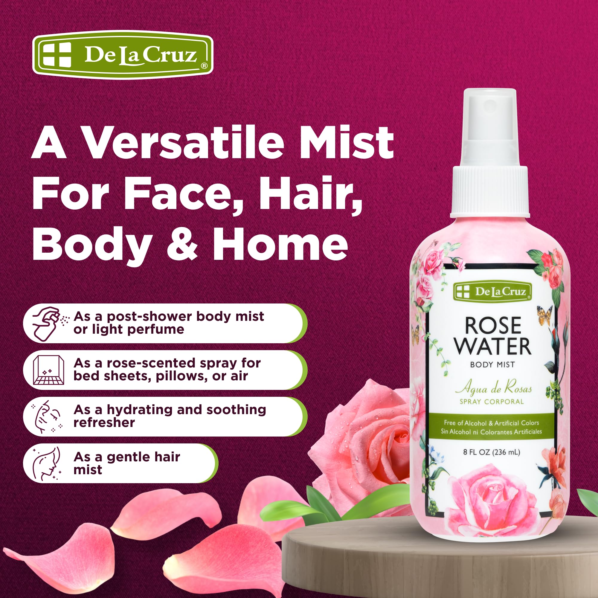 De la Cruz Pure Rose Water Body Mist Rosewater for Face Skin Hair Toner Rose