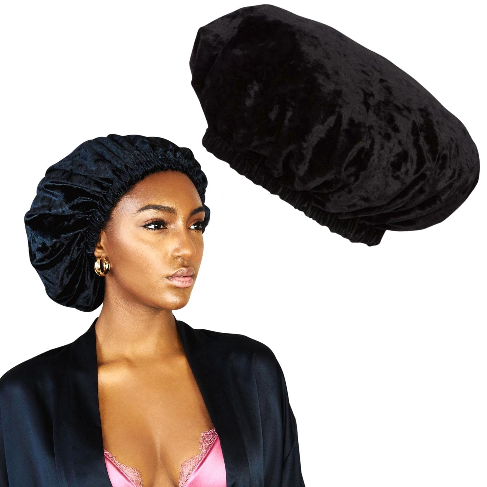 Hair Bonnet for Thick Natural Curly Hair | No Slip No Stain Satin Velvet Sleep