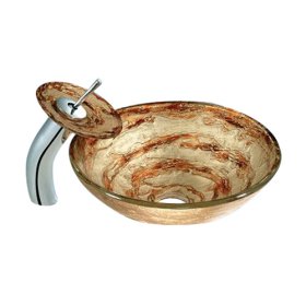 3 Year Warranty Chocolate Round Tempered Glass Vessel Sink With Waterfall Faucet - Thumbnail 2