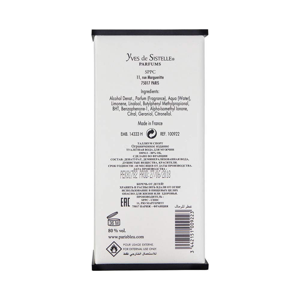 Thallium Sport Limited Edition By Yves de Sistelle Sp For Men EDT 3.3 oz - Thumbnail 2