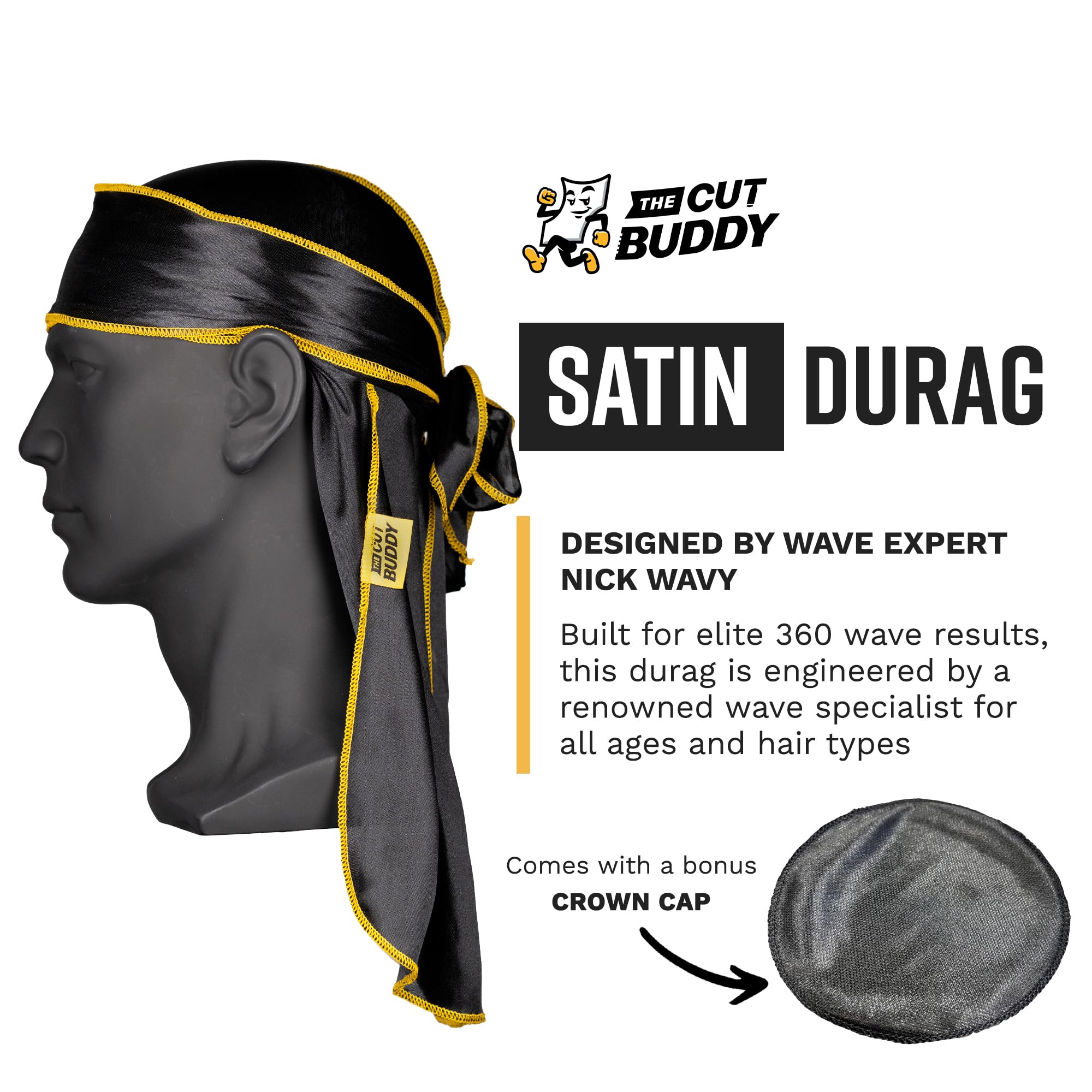 The Cut Buddy Nick Wavy Collection 360 Wave Satin Durag Extended Strings Crown - Thumbnail 2