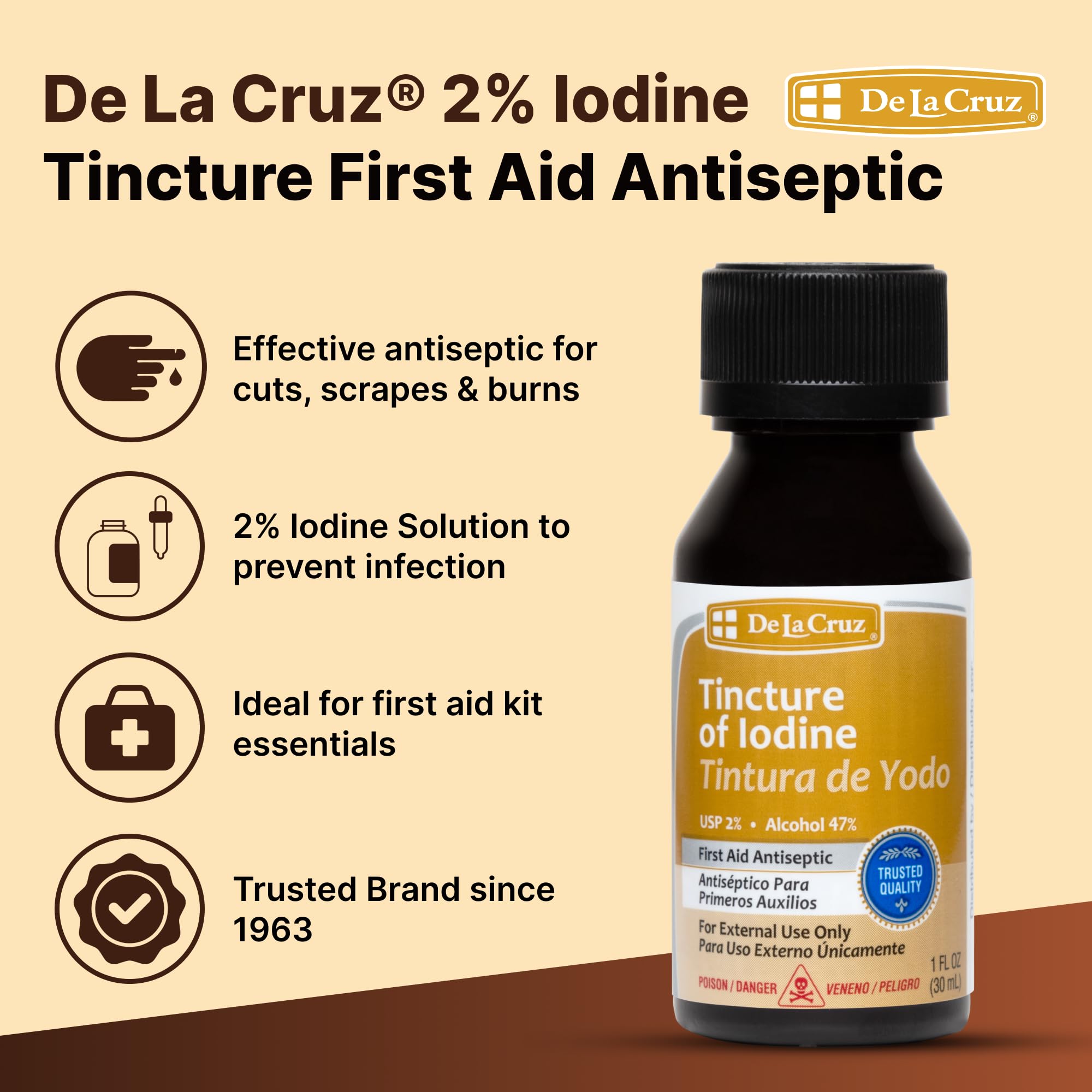 De la Cruz 2% Iodine First Aid Antiseptic Made In Usa 1 Fl Oz - Thumbnail 2