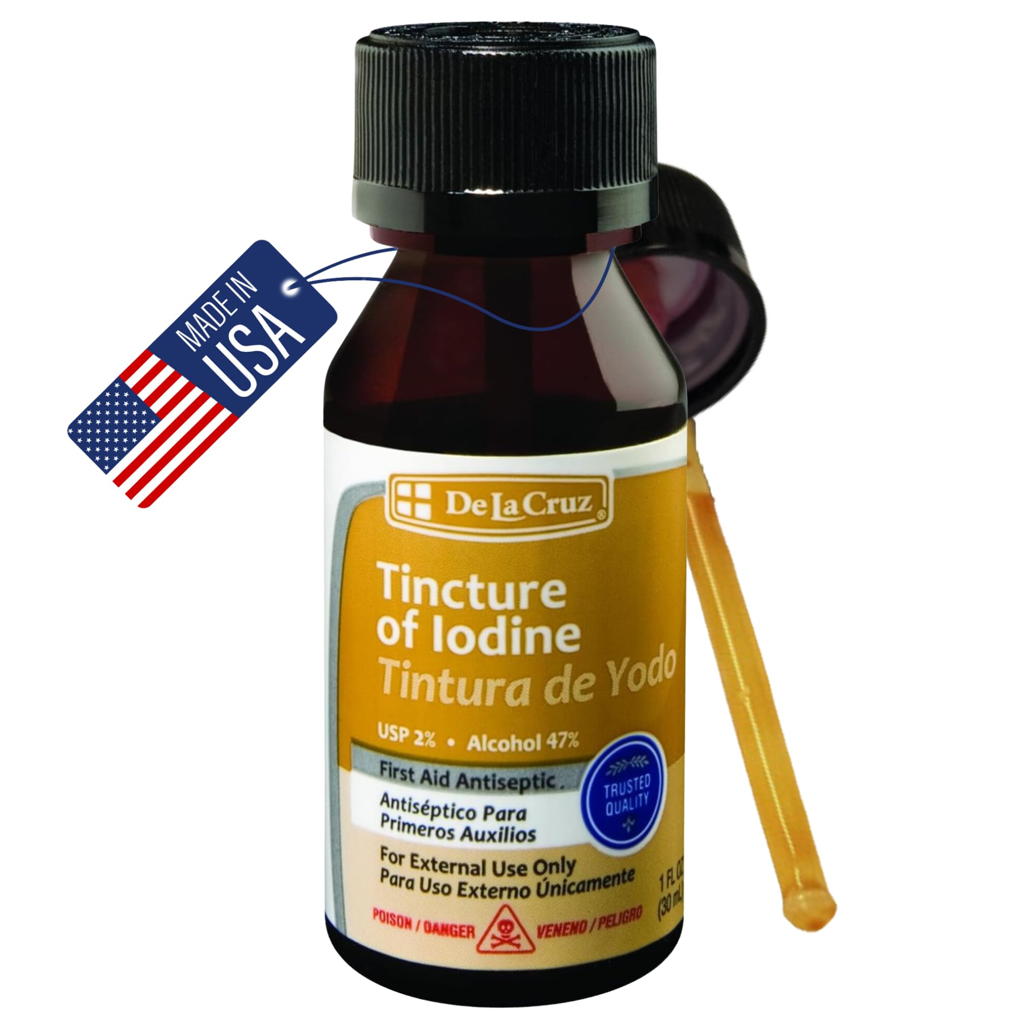 De la Cruz 2% Iodine First Aid Antiseptic Made In Usa 1 Fl Oz