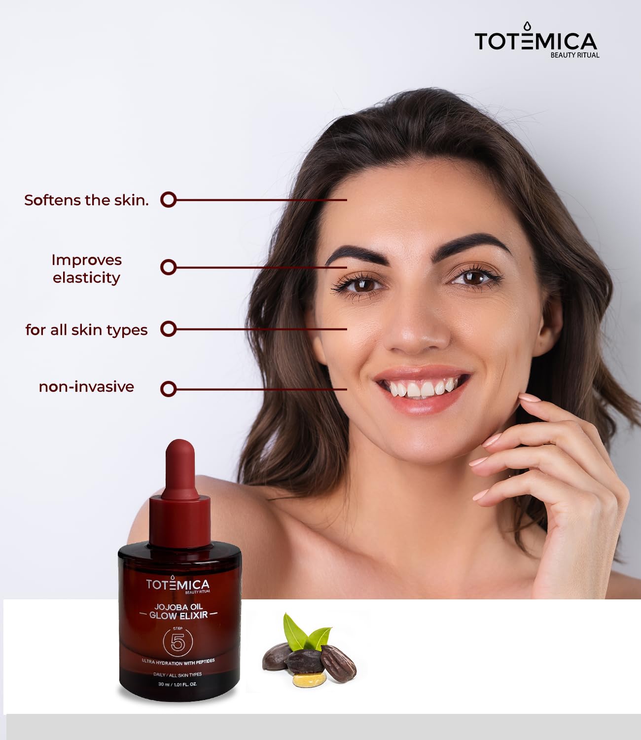 (1) TOTEMICA Organic Jojoba Oil Glow Elixir – Hydrating & Anti-Aging face oil with Peptides | Vegan & Non-Comedogenic facial oil & moisturizing body oil for skin oil & hair oil (1.01 Fl Oz) - Thumbnail 2