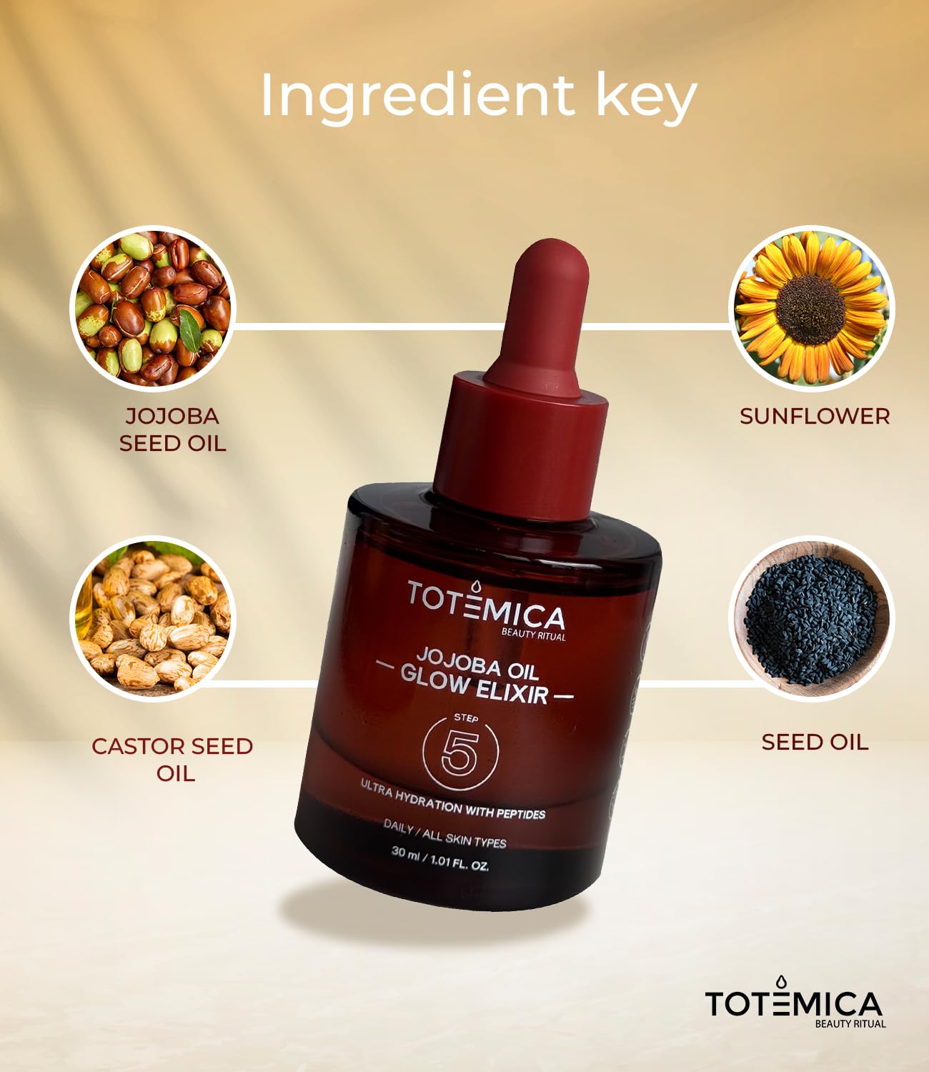 (1) TOTEMICA Organic Jojoba Oil Glow Elixir – Hydrating & Anti-Aging face oil with Peptides | Vegan & Non-Comedogenic facial oil & moisturizing body oil for skin oil & hair oil (1.01 Fl Oz) - Thumbnail 3