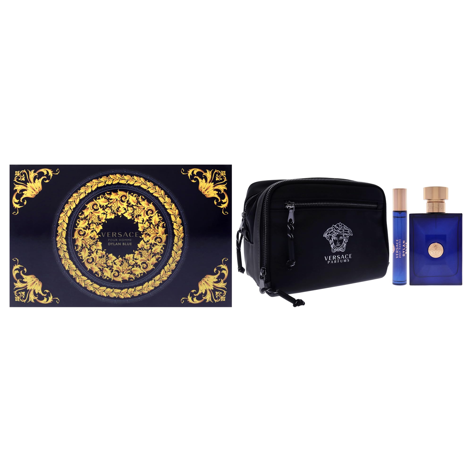 [Set] Dylan Blue By Versace 3 Pc Blue Pouch For Men EDT 10 ml (3.4 oz)